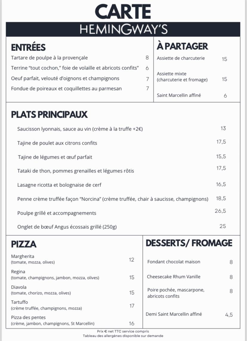 Menu de Hemingway's