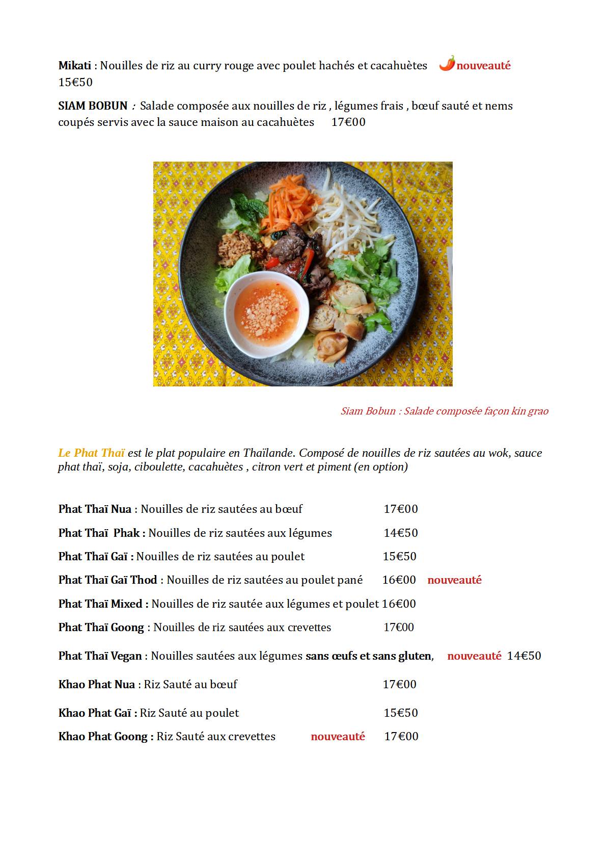 Menu de Kin Grao Restaurant Thaïlandais