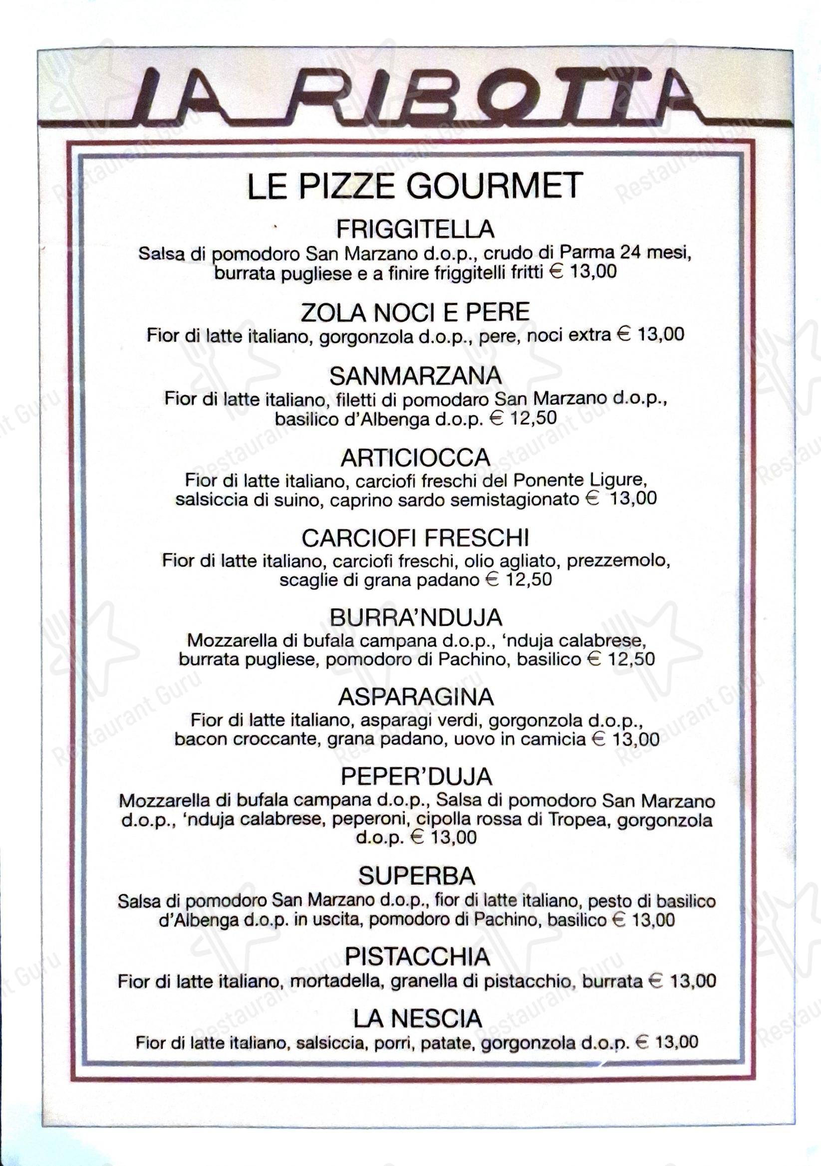 Основное меню per La Ribotta in Imperia