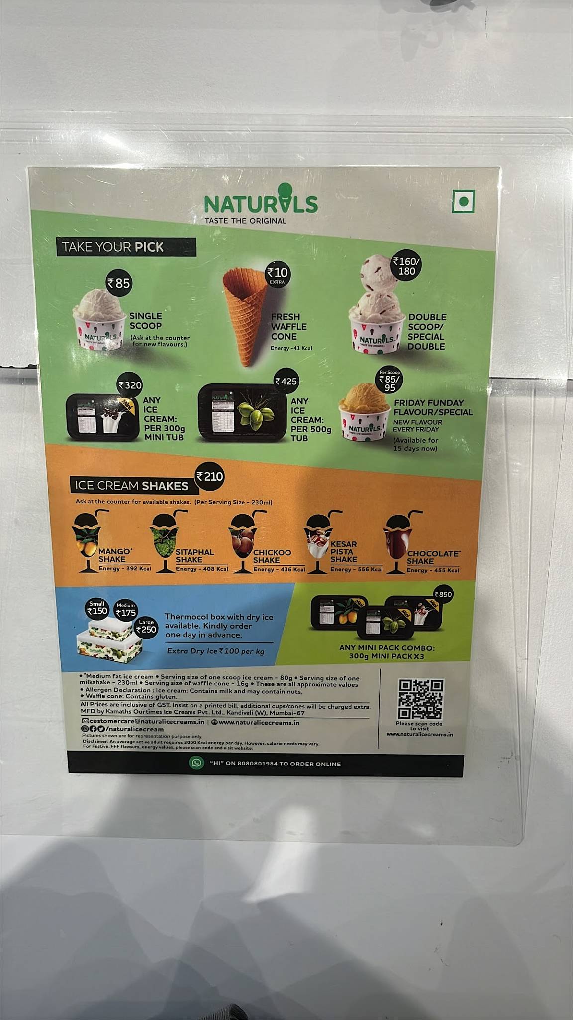 Naturals Ice Cream menu