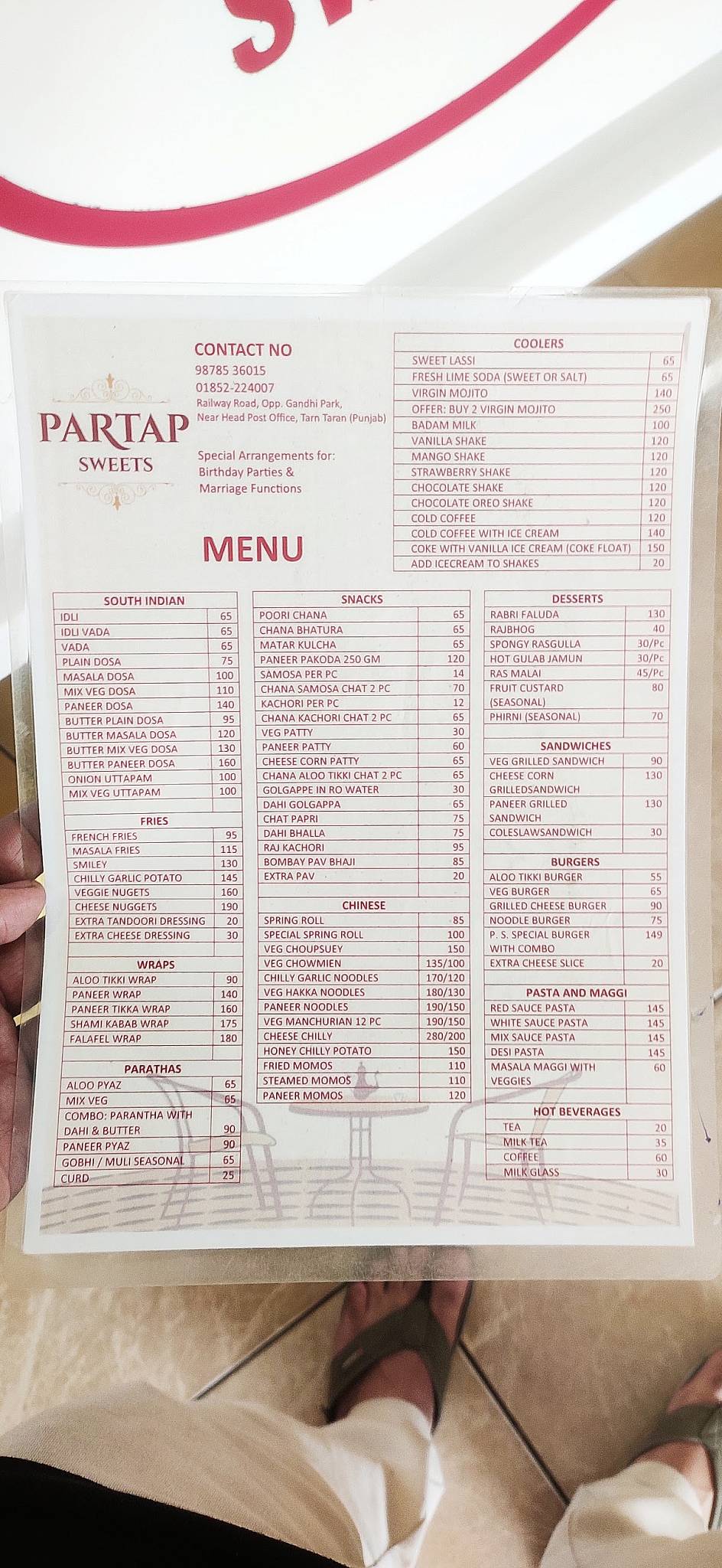 Partap Sweets menu