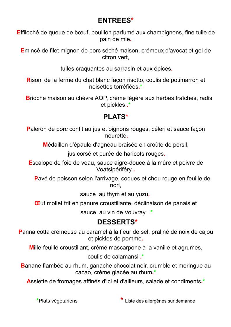 Menu de Les Banquettes Rouges