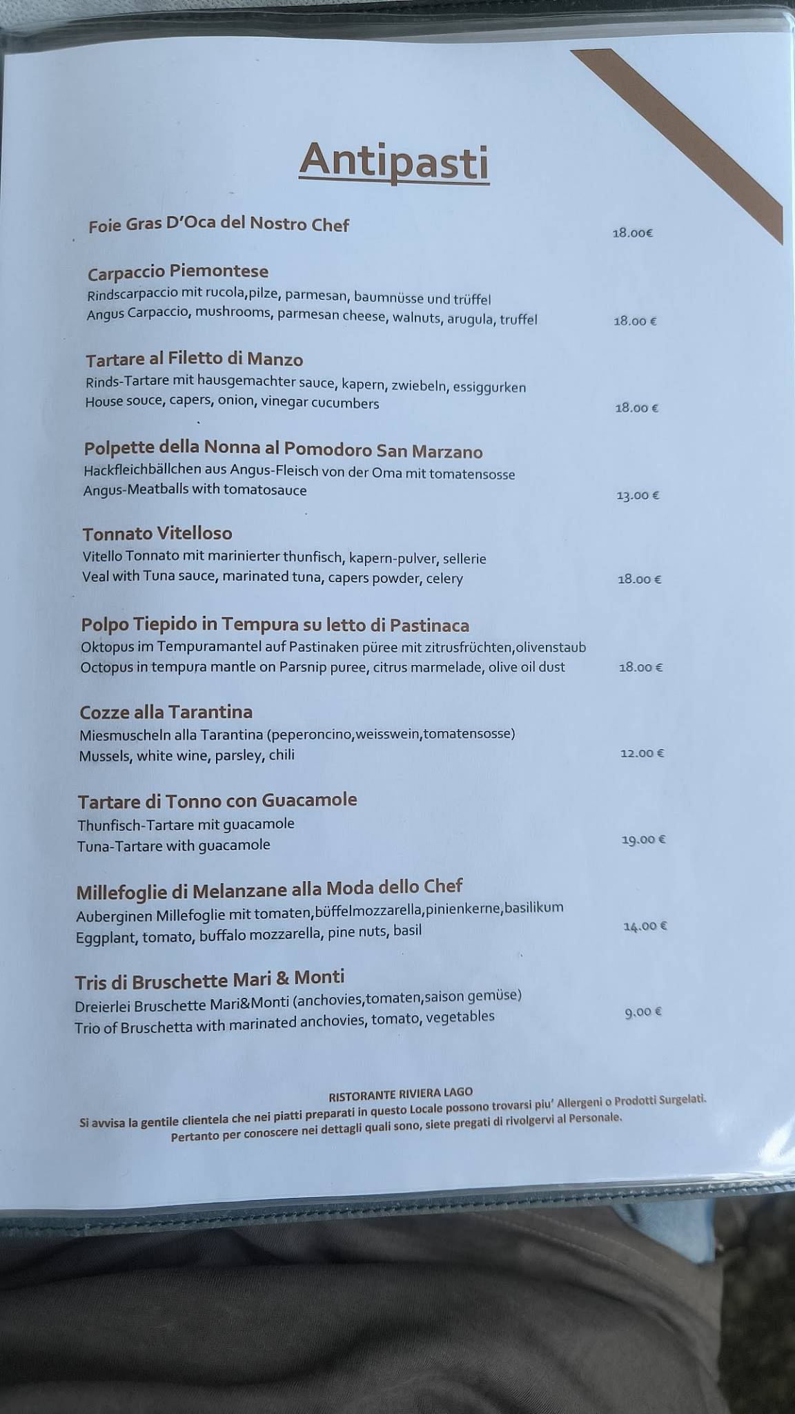 Menu di Ristorante Riviera Lago 