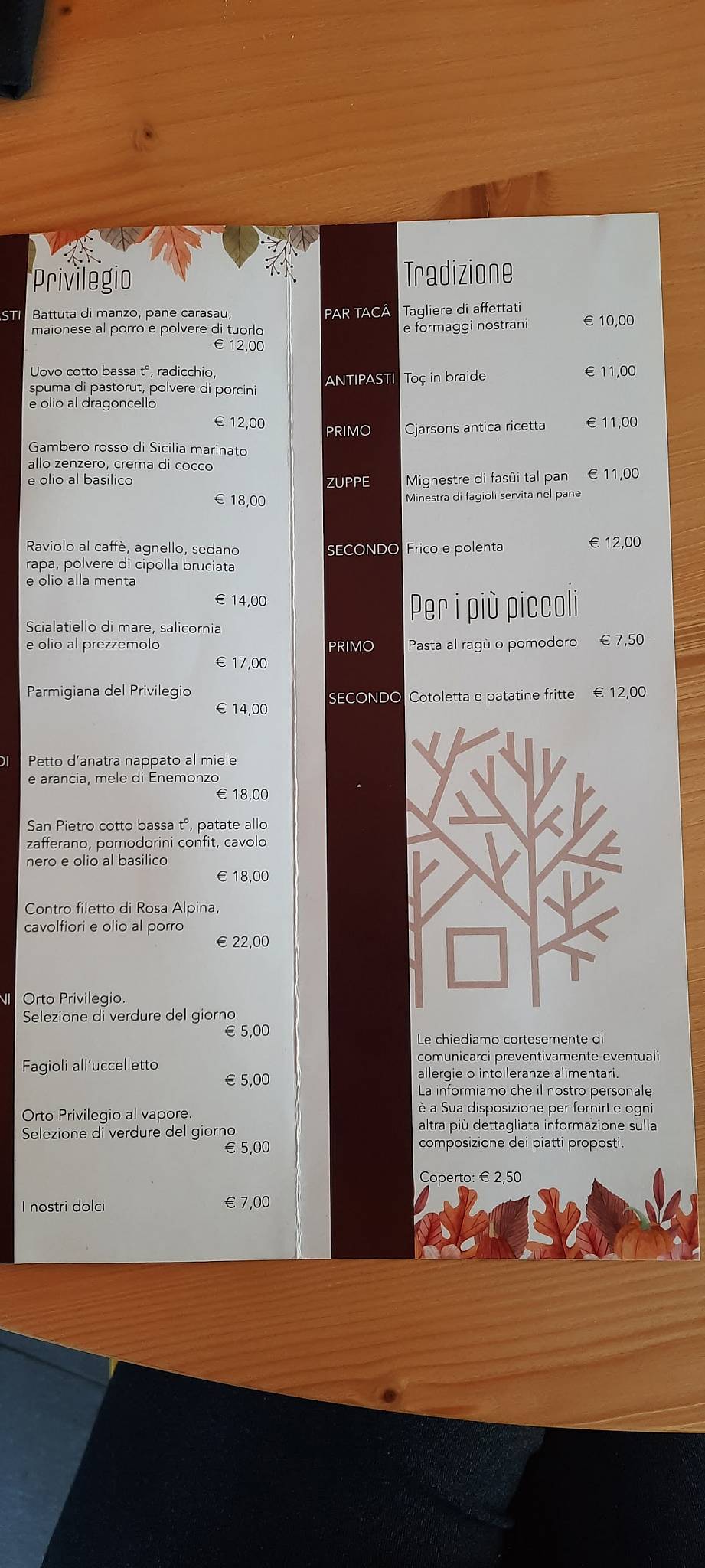 Menu di Ristorante Privilegio 