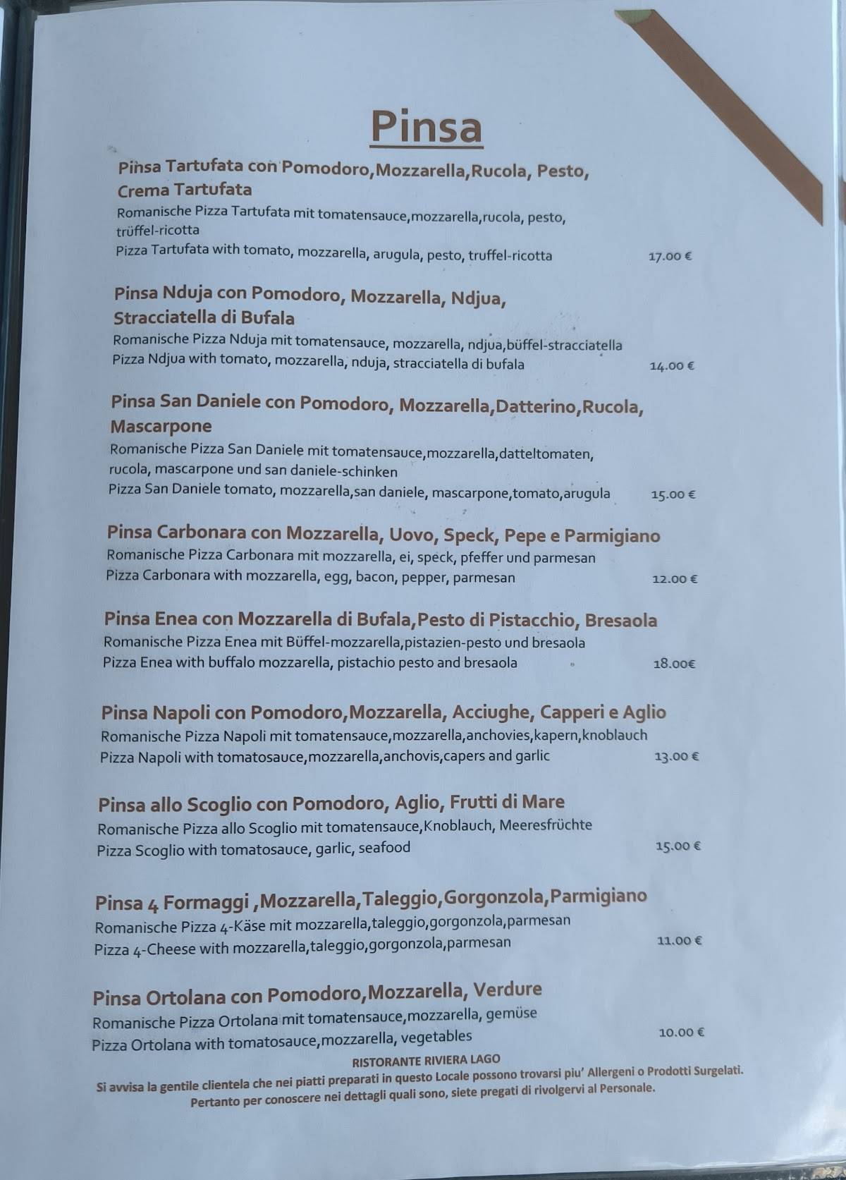 Menu di Ristorante Riviera Lago 