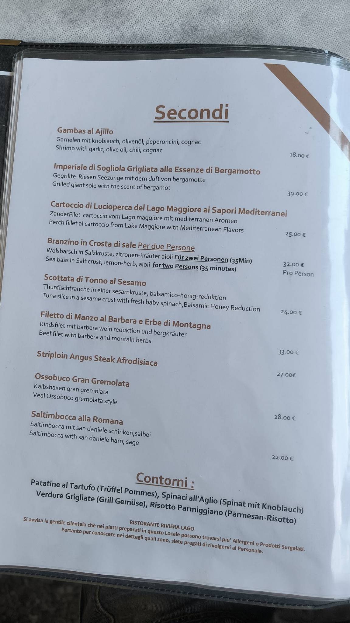 Menu di Ristorante Riviera Lago 