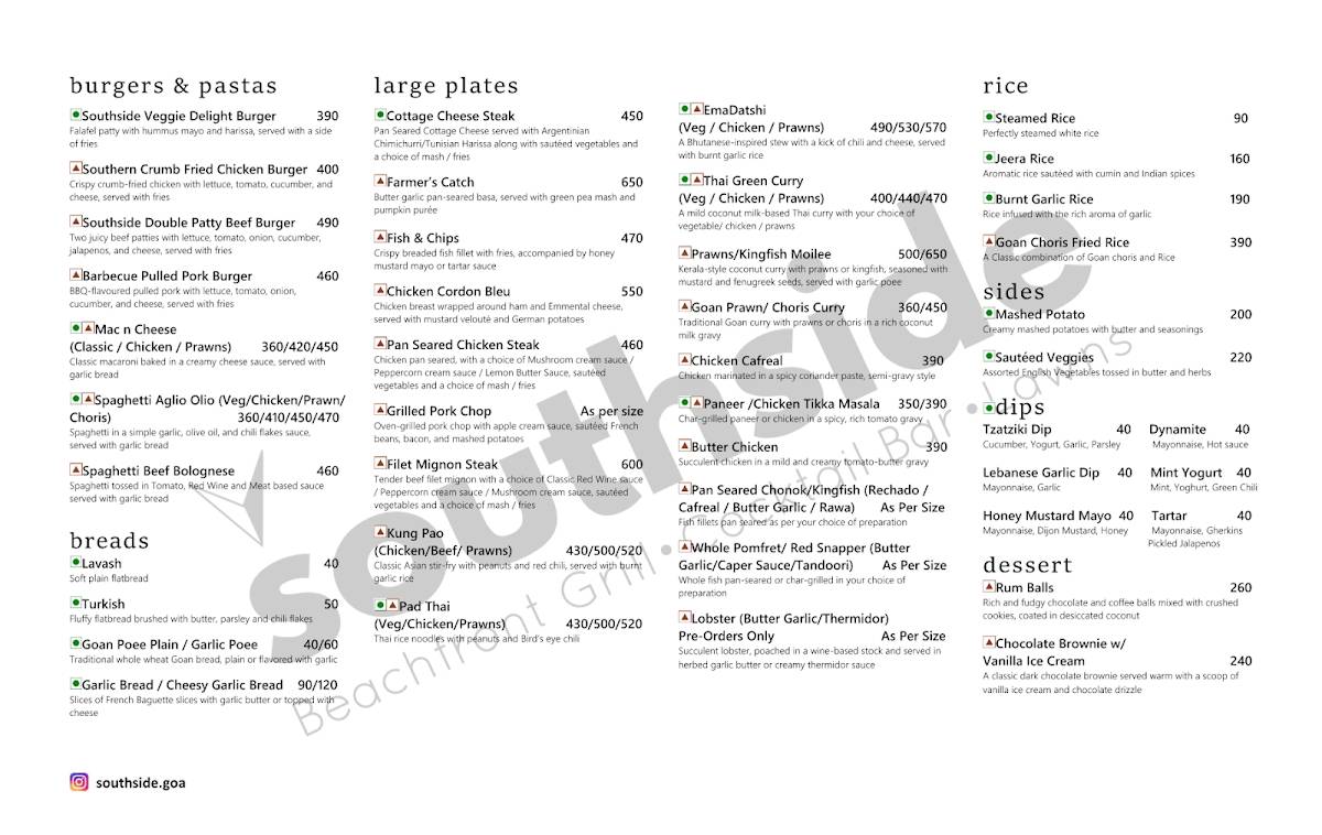 Southside Goa menu