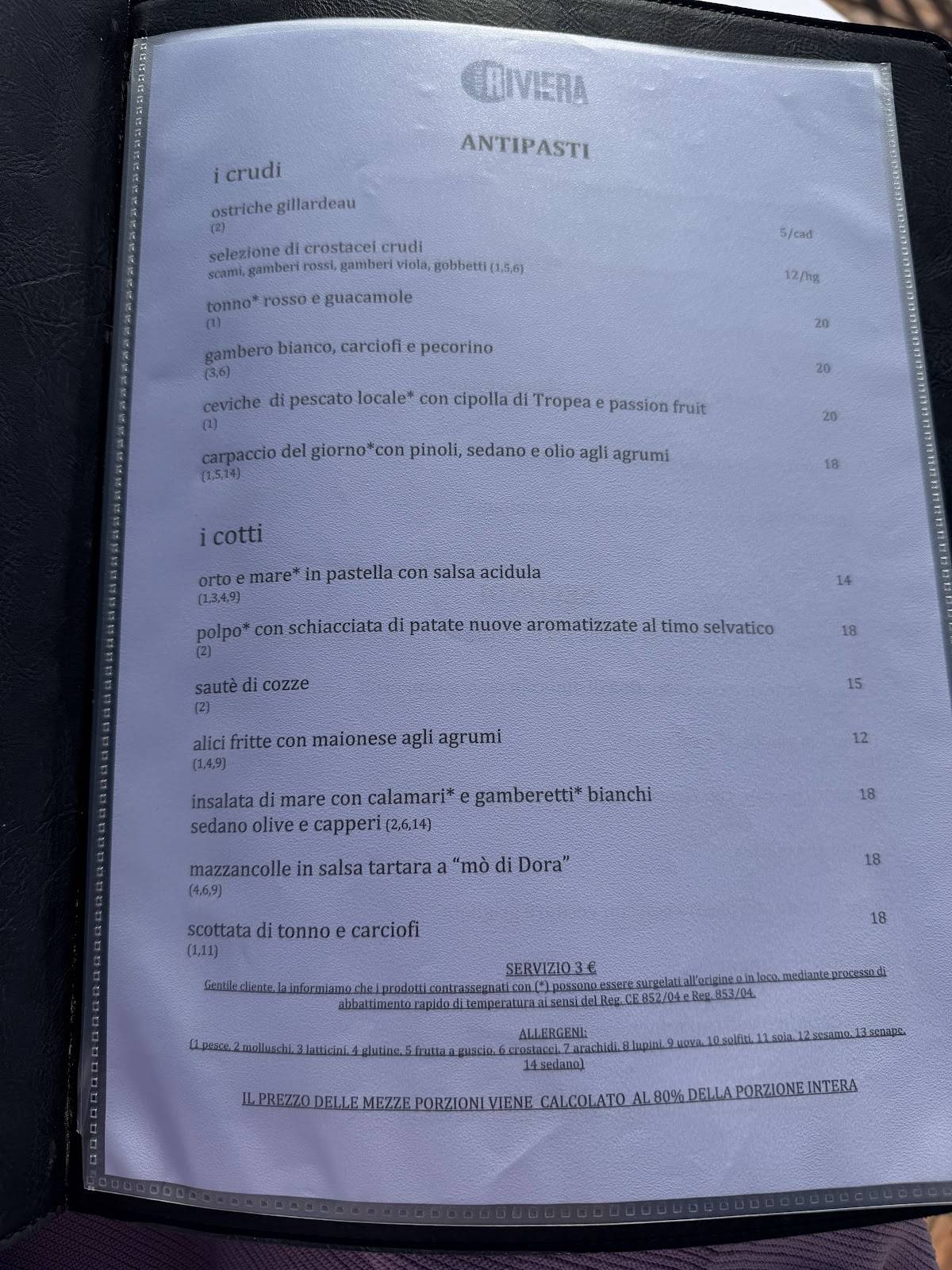 Menu di Stabilimento Riviera 