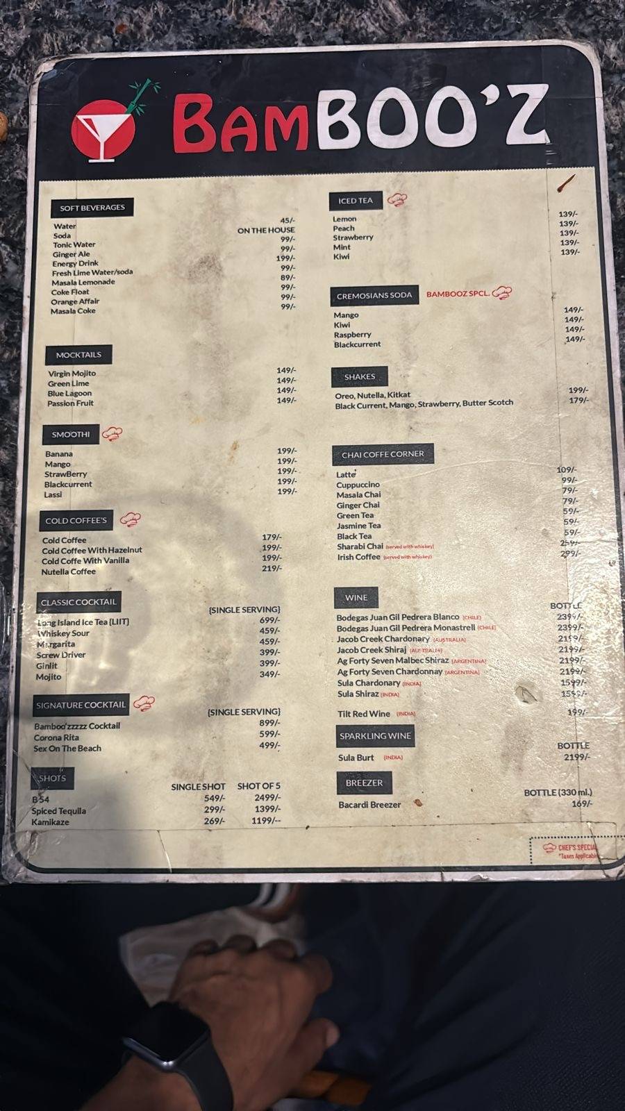 Bamboo'z Rooftop menu