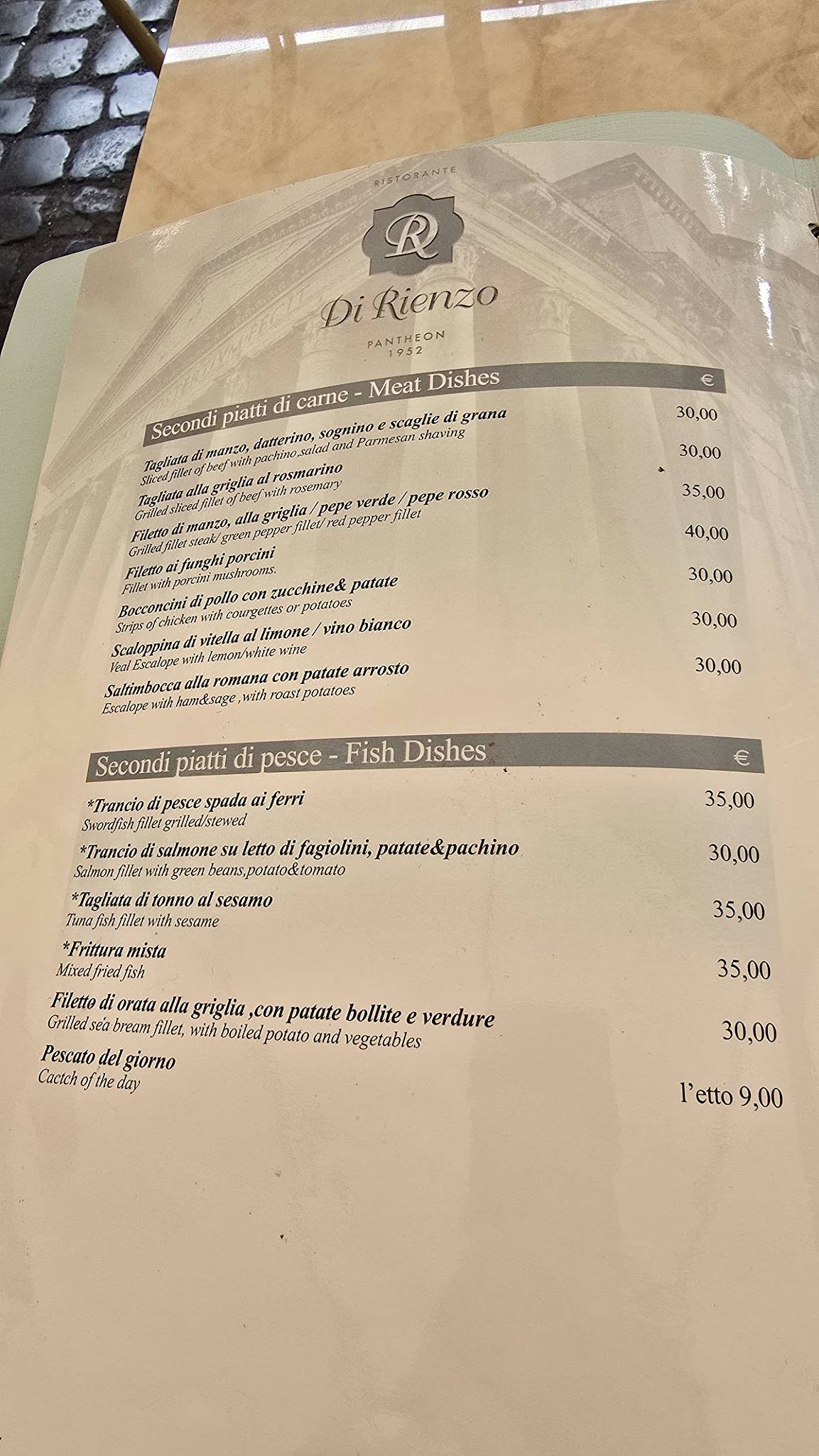 Menu di Ristorante Di Rienzo al Pantheon 