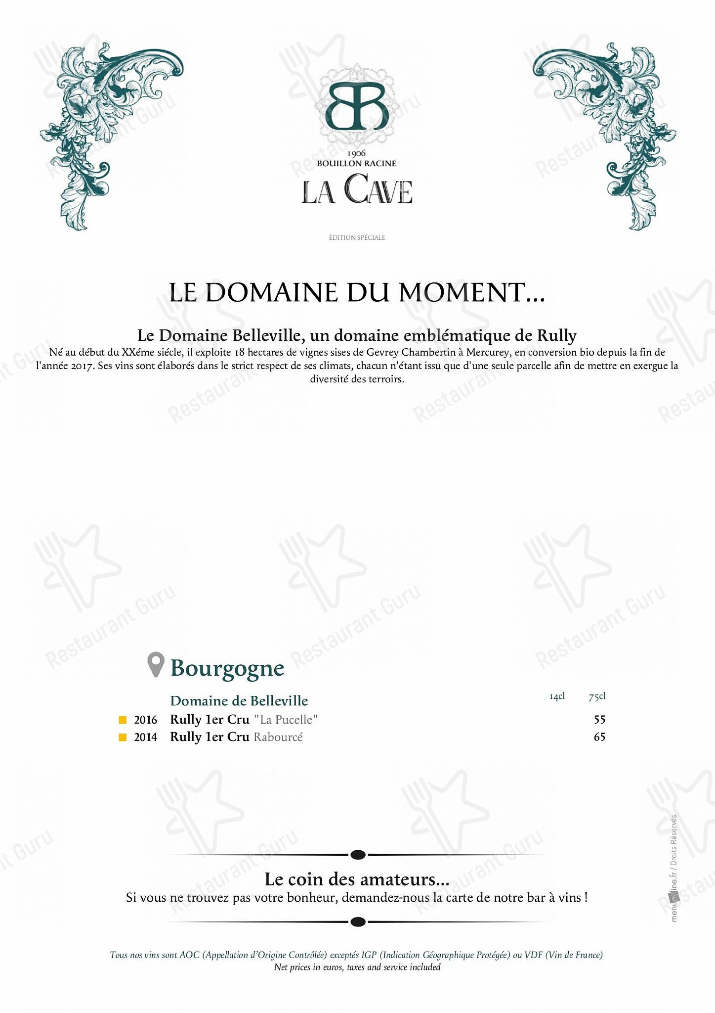 Menu pour Bouillon Racine - Ночное меню