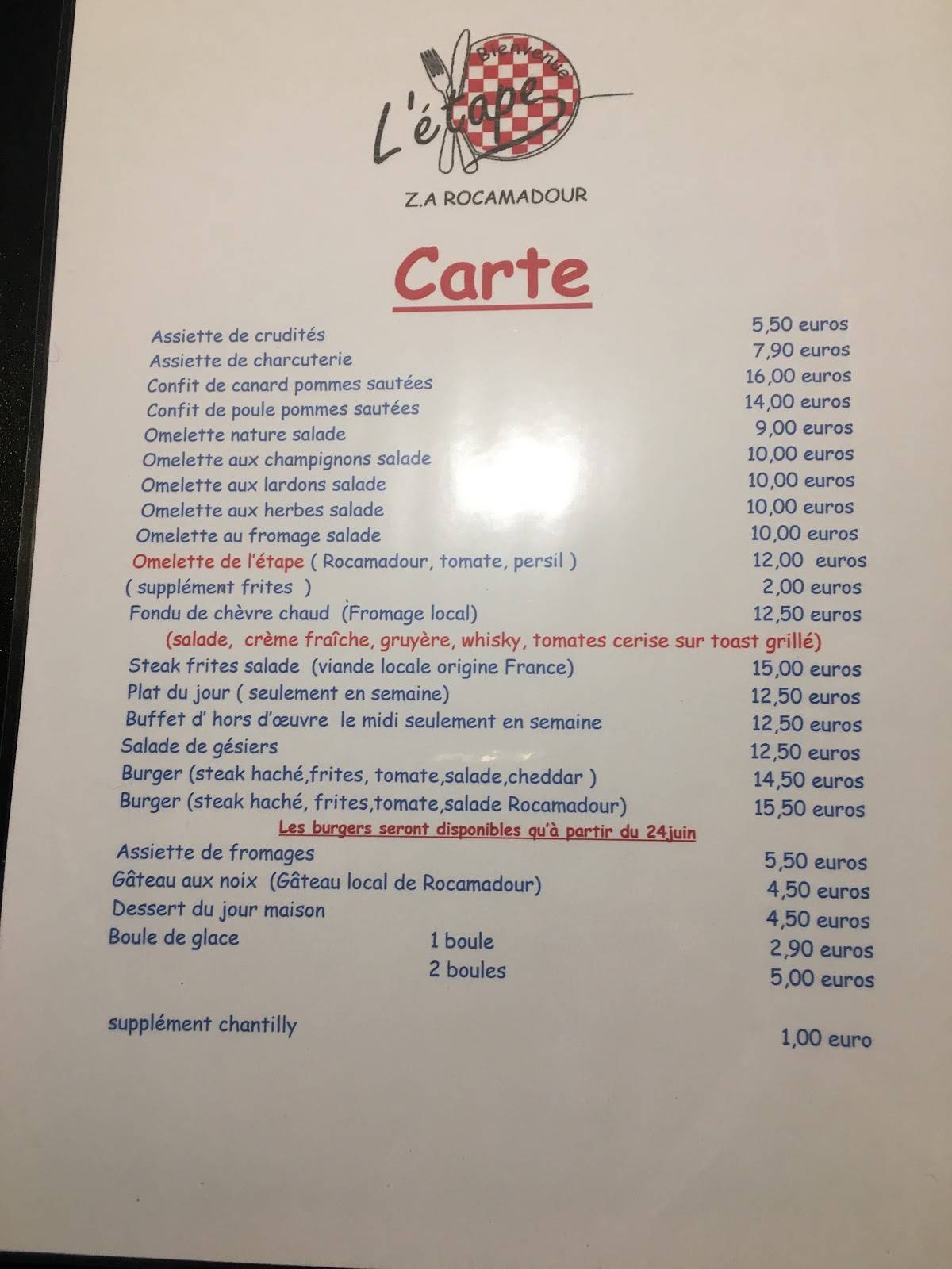 Menu de Restaurant L'étape Rocamadour