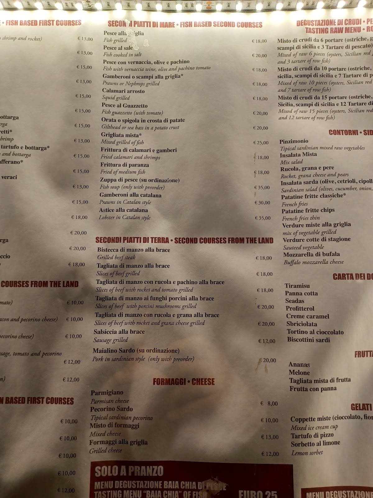 Menu di Ristorante Baia Chia Roma 