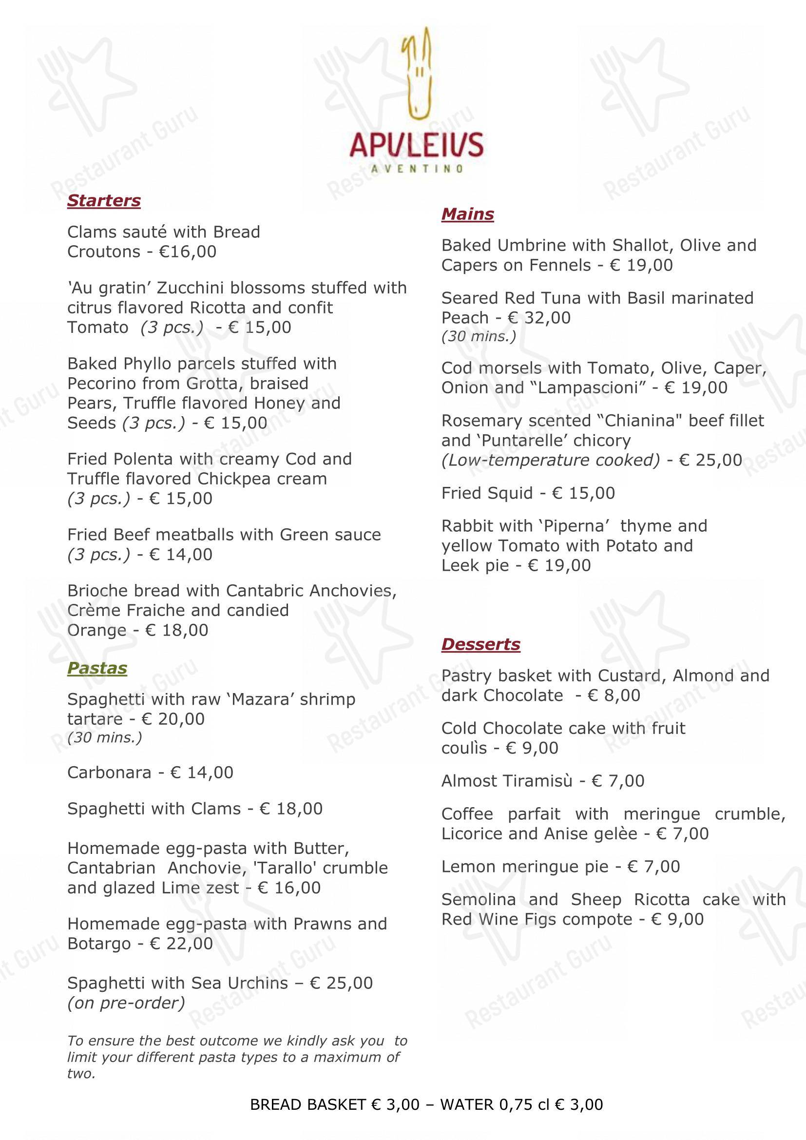 Menu pour Ristorante Apuleius restaurant