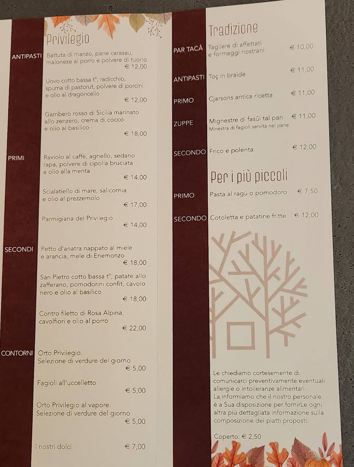 Menu di Ristorante Privilegio 