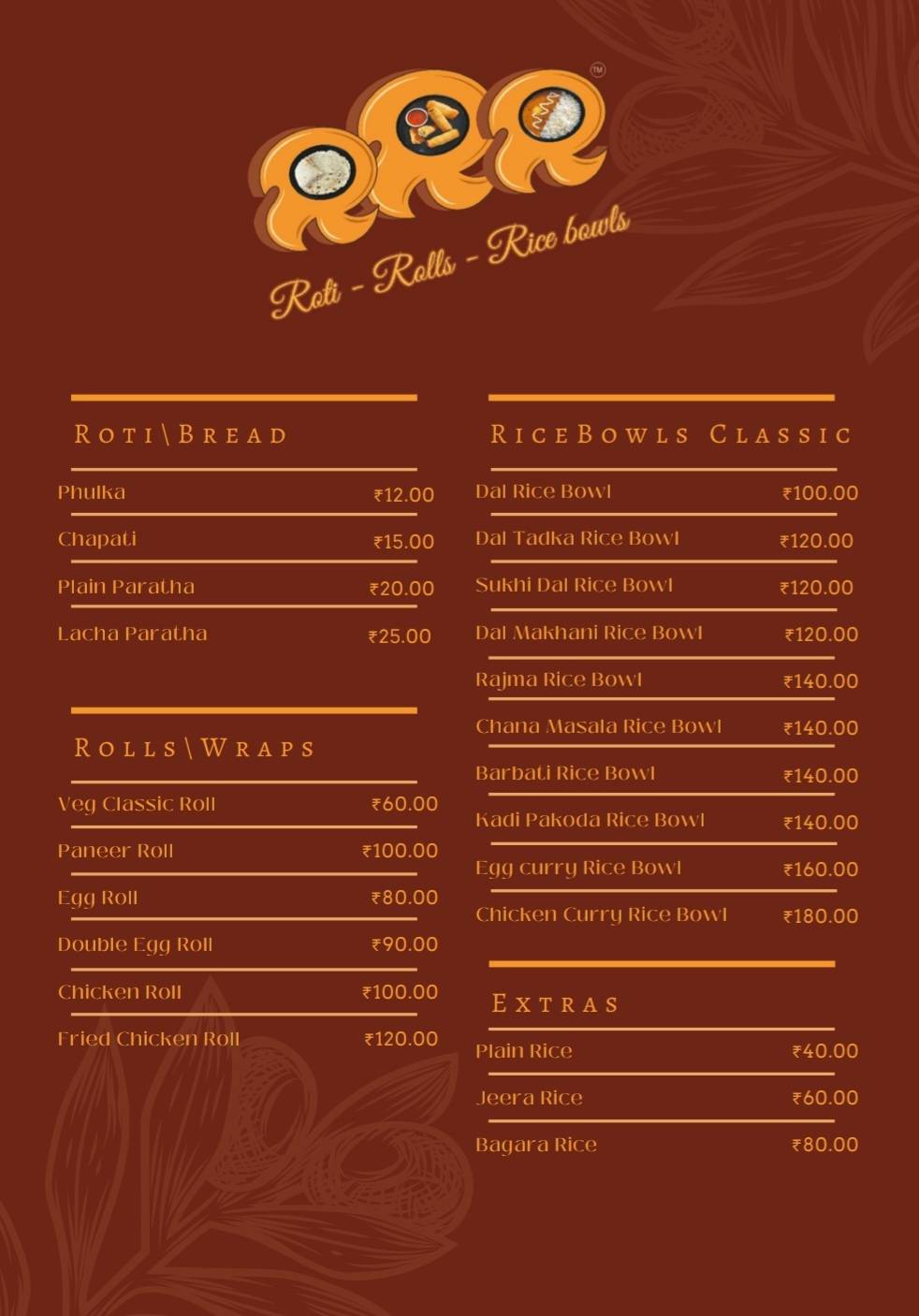 Roti Rolls Rice bowls menu