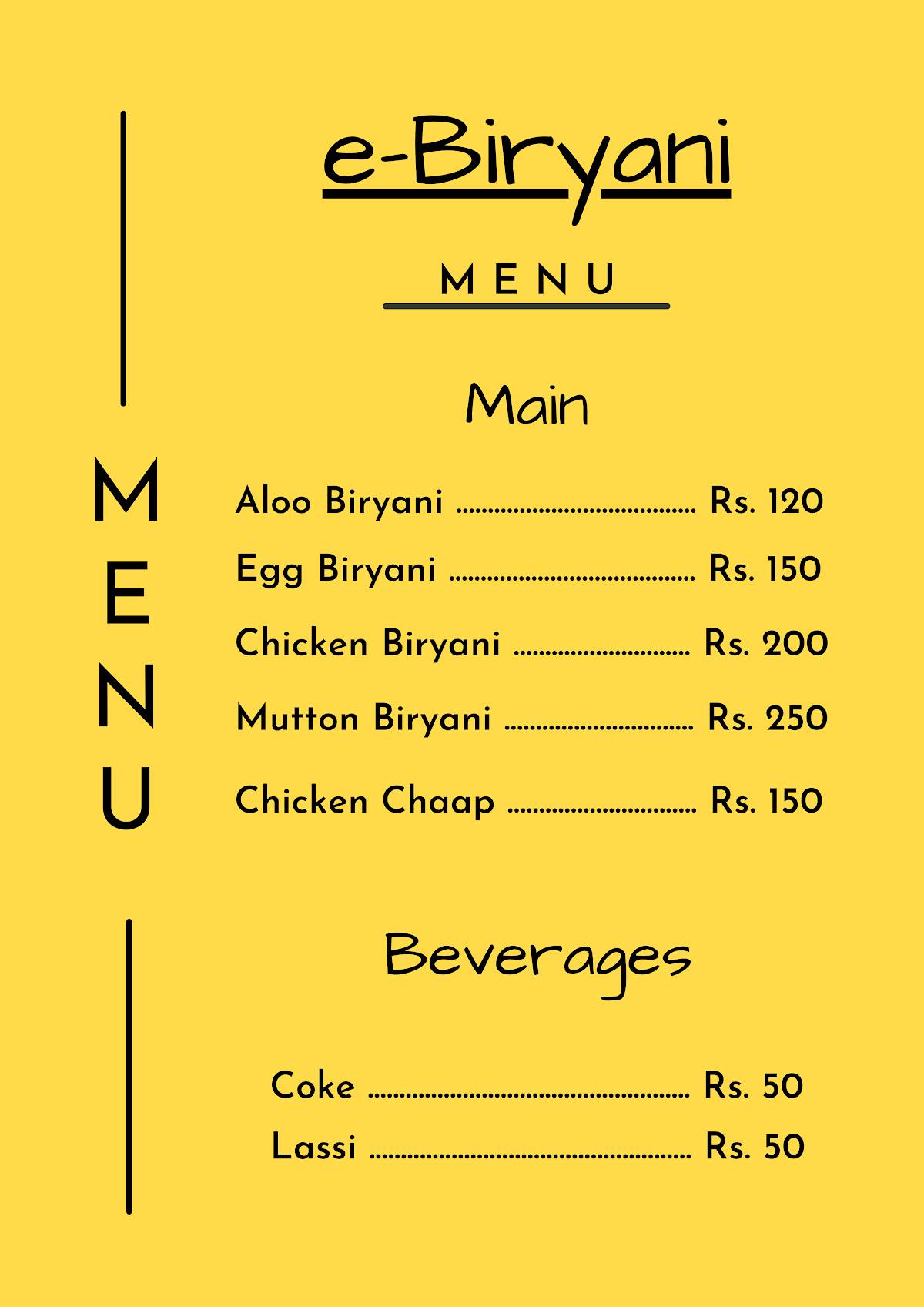 e-Biryani menu