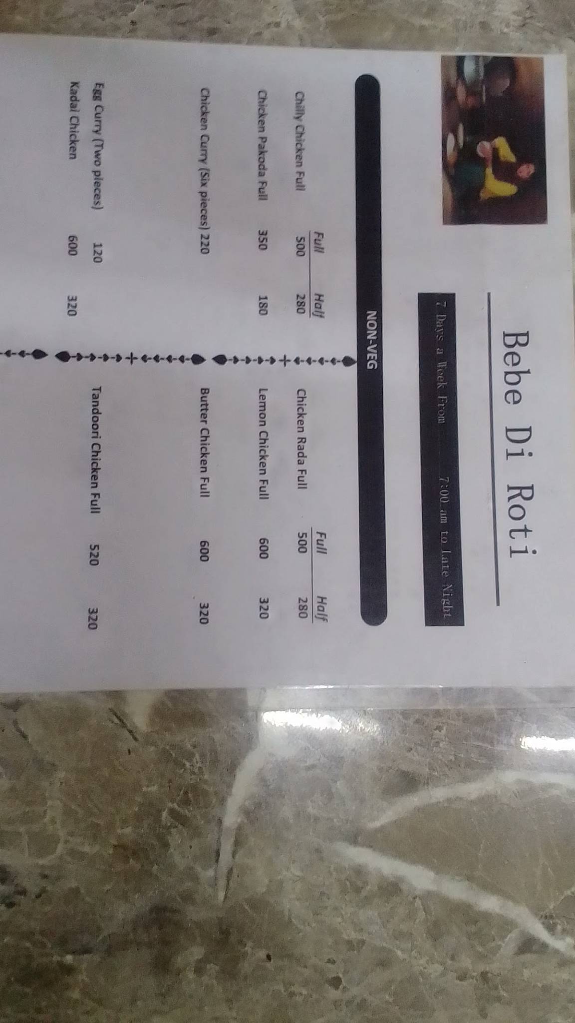 Bebe Di Roti menu