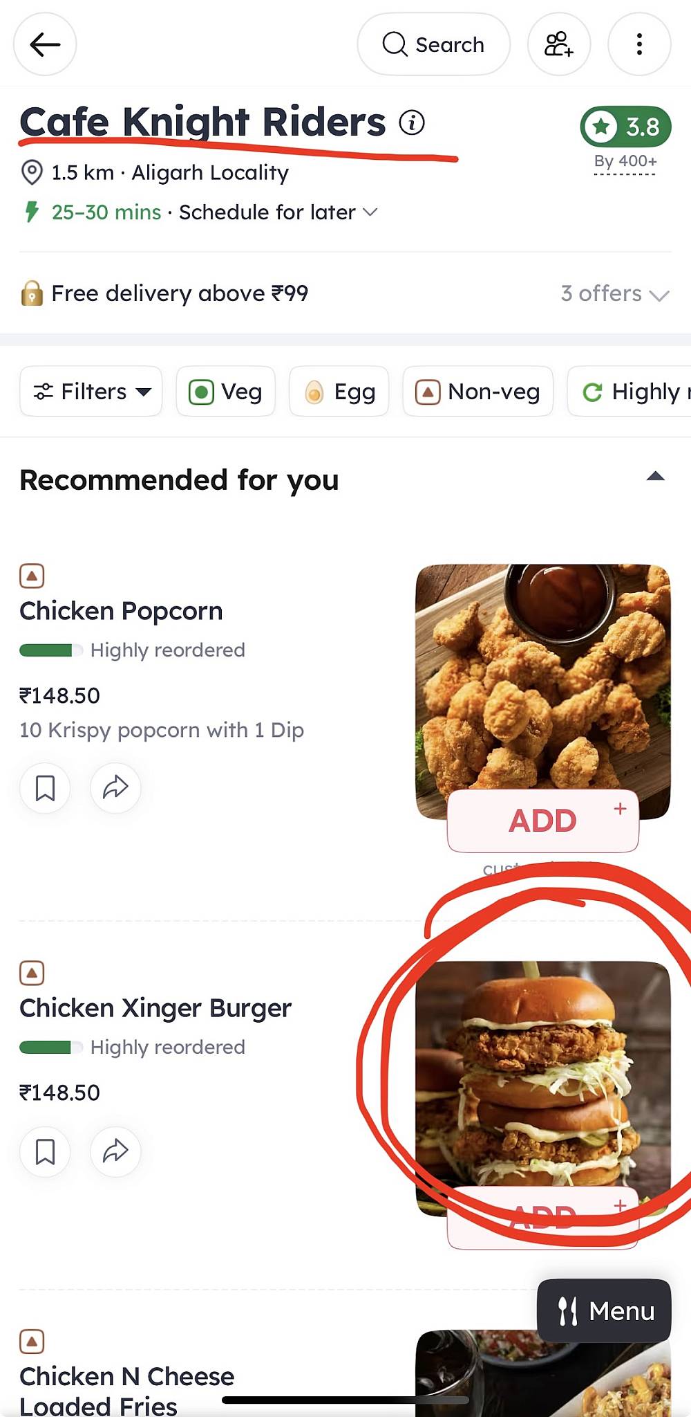Cafe Knight Riders menu