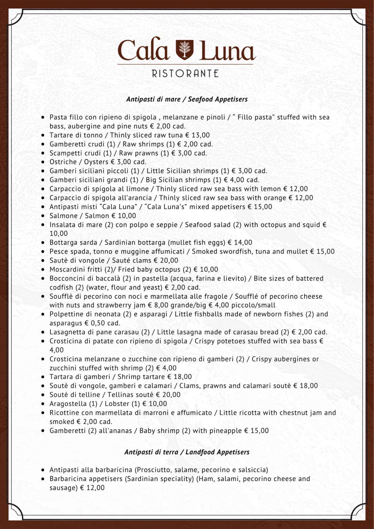 Menu di Cala Luna Ristorante Roma 