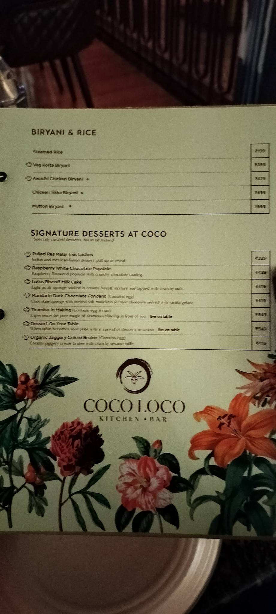 Coco Loco menu
