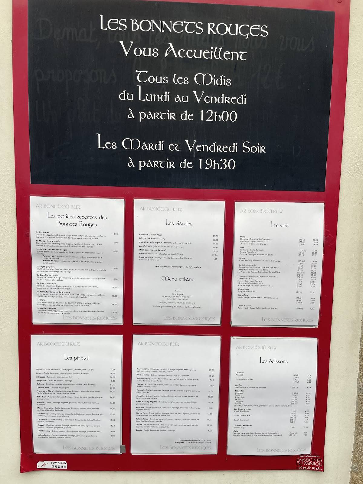 Menu de Les Bonnets Rouges - Ar Bonedoù Ruz