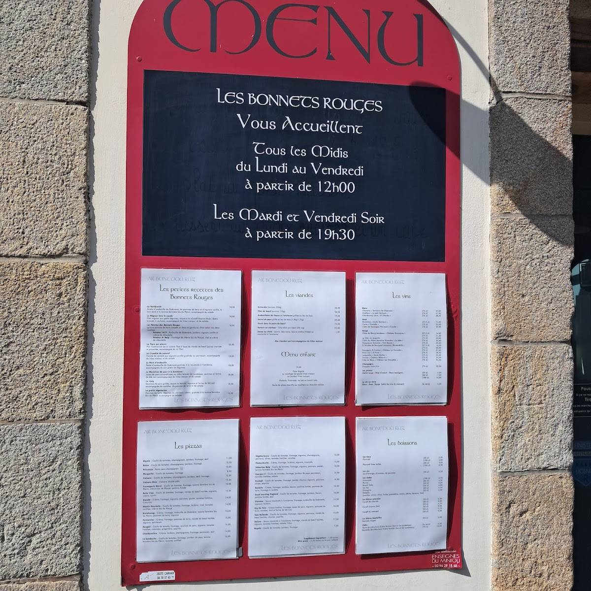 Menu de Les Bonnets Rouges - Ar Bonedoù Ruz