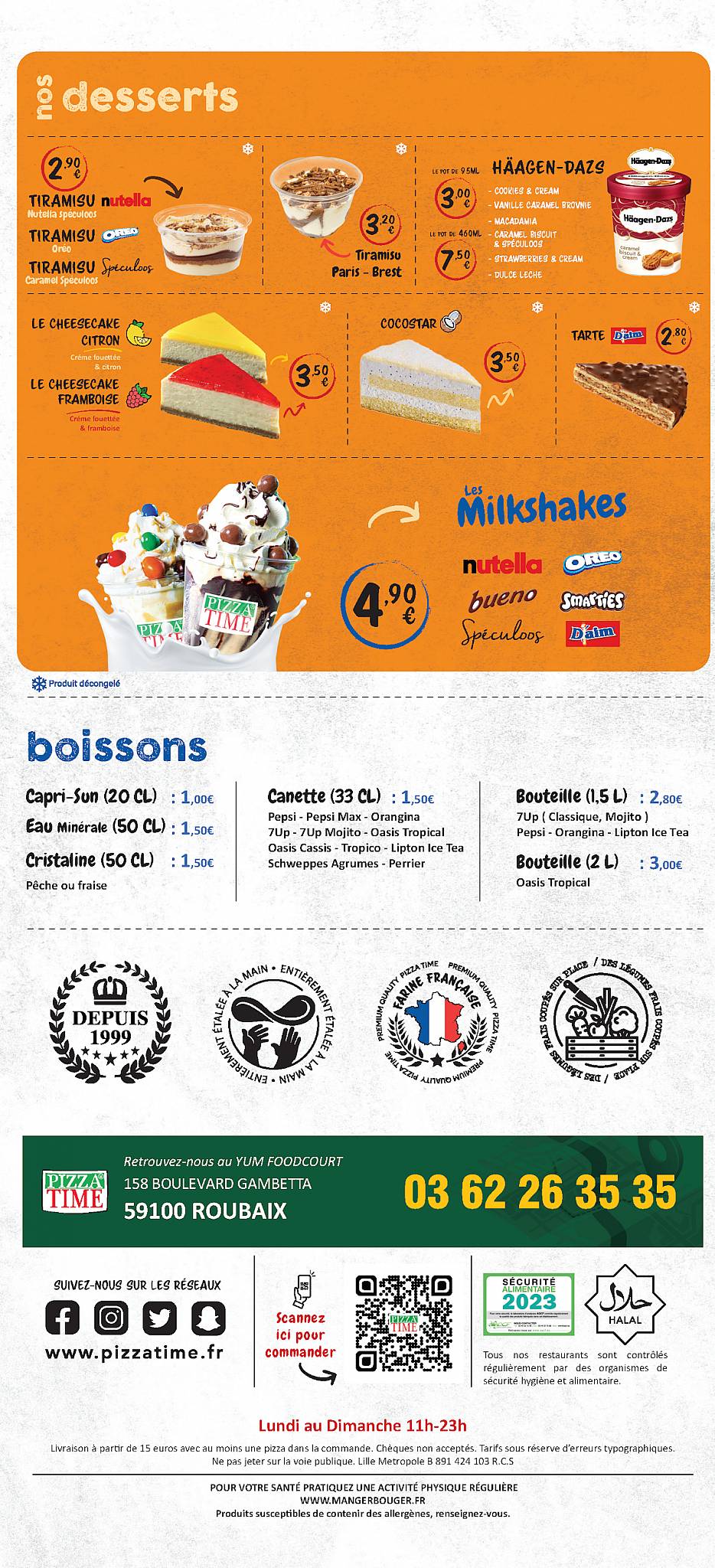 Menu de Pizza Time Roubaix