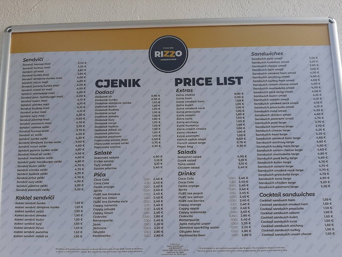 Menu di Sandwich Bar Rizzo 