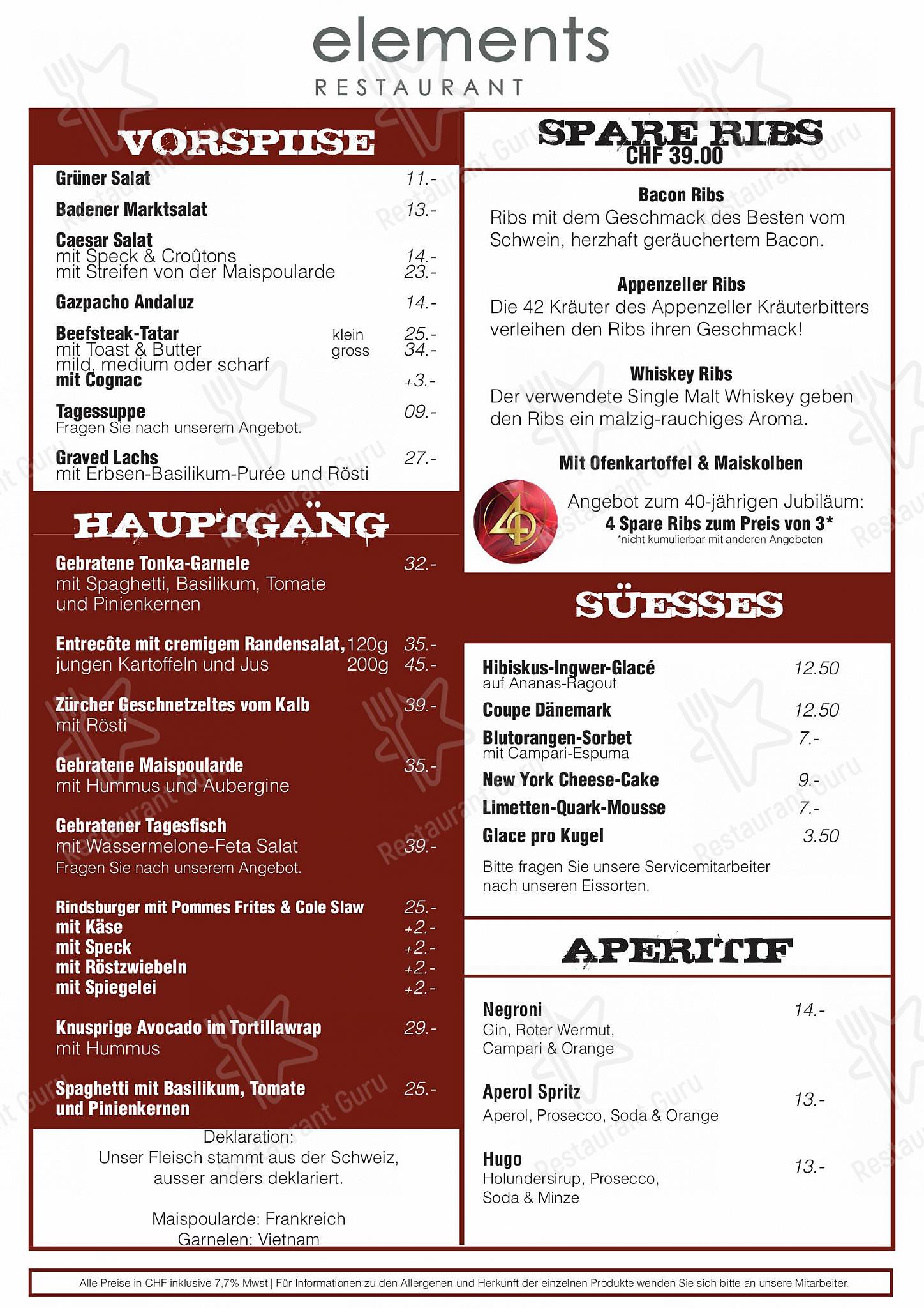 Restaurant elements dans Baden - OUR MENU