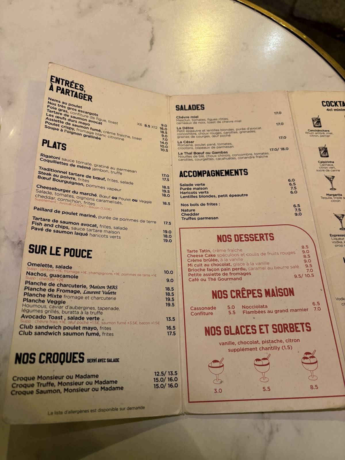 Menu de Café du Marché des Enfants Rouges