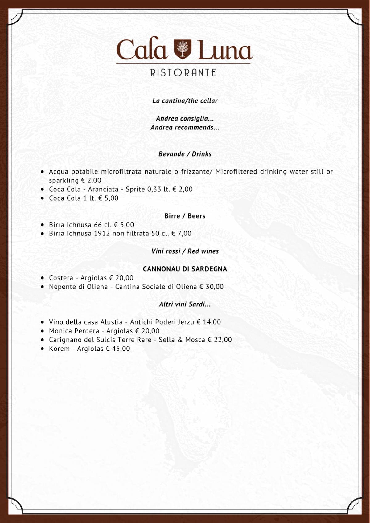 Menu di Cala Luna Ristorante Roma 