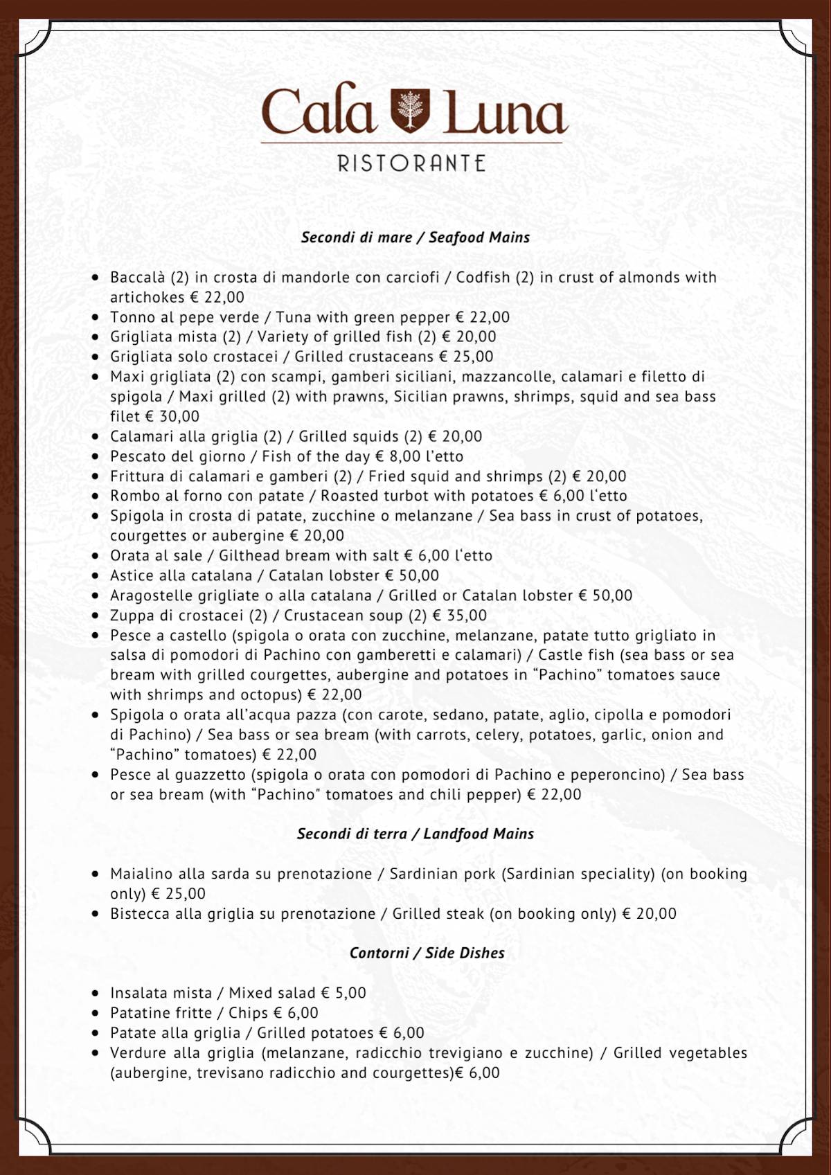 Menu di Cala Luna Ristorante Roma 