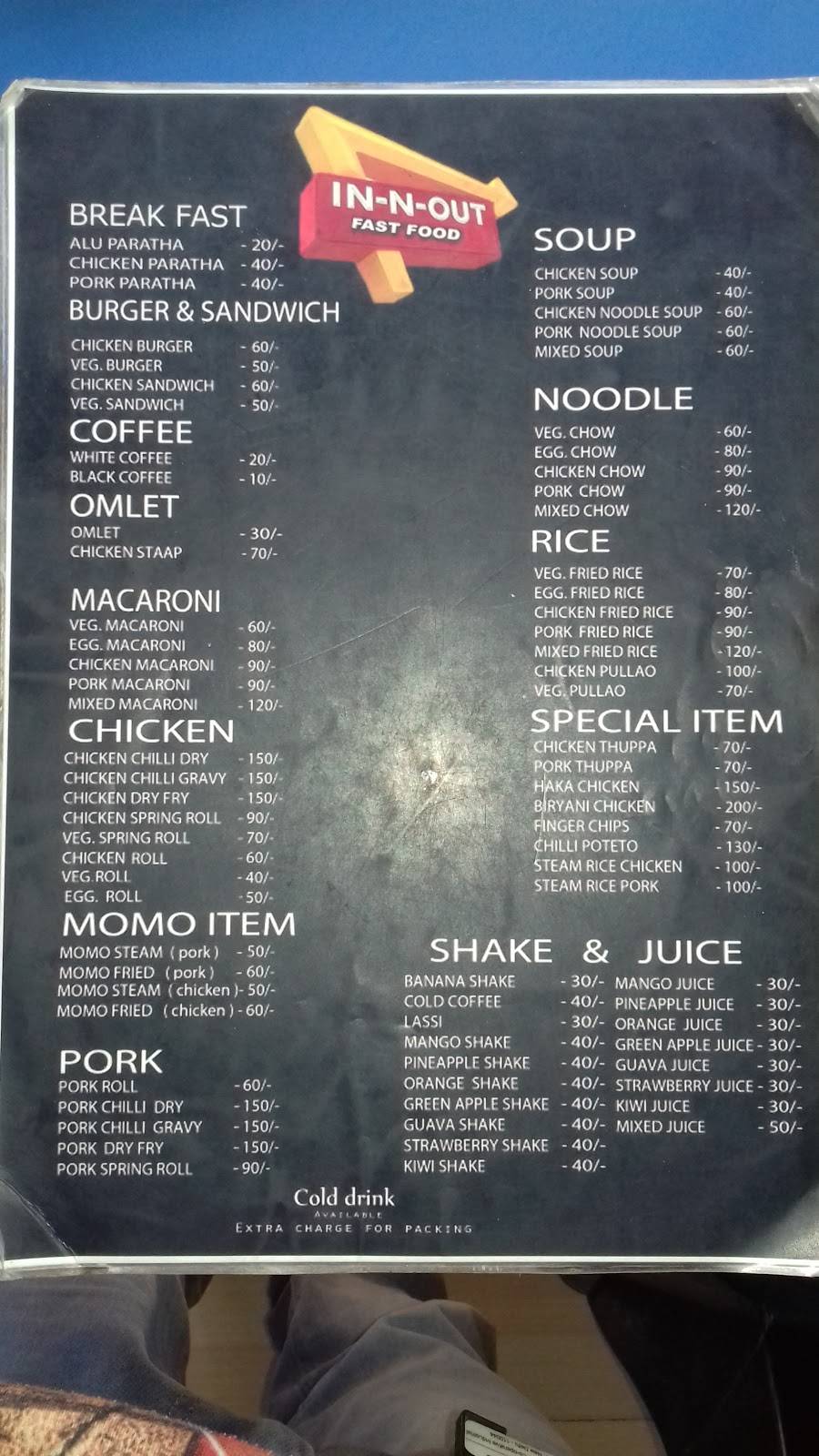 In-N-Out Fast Food menu