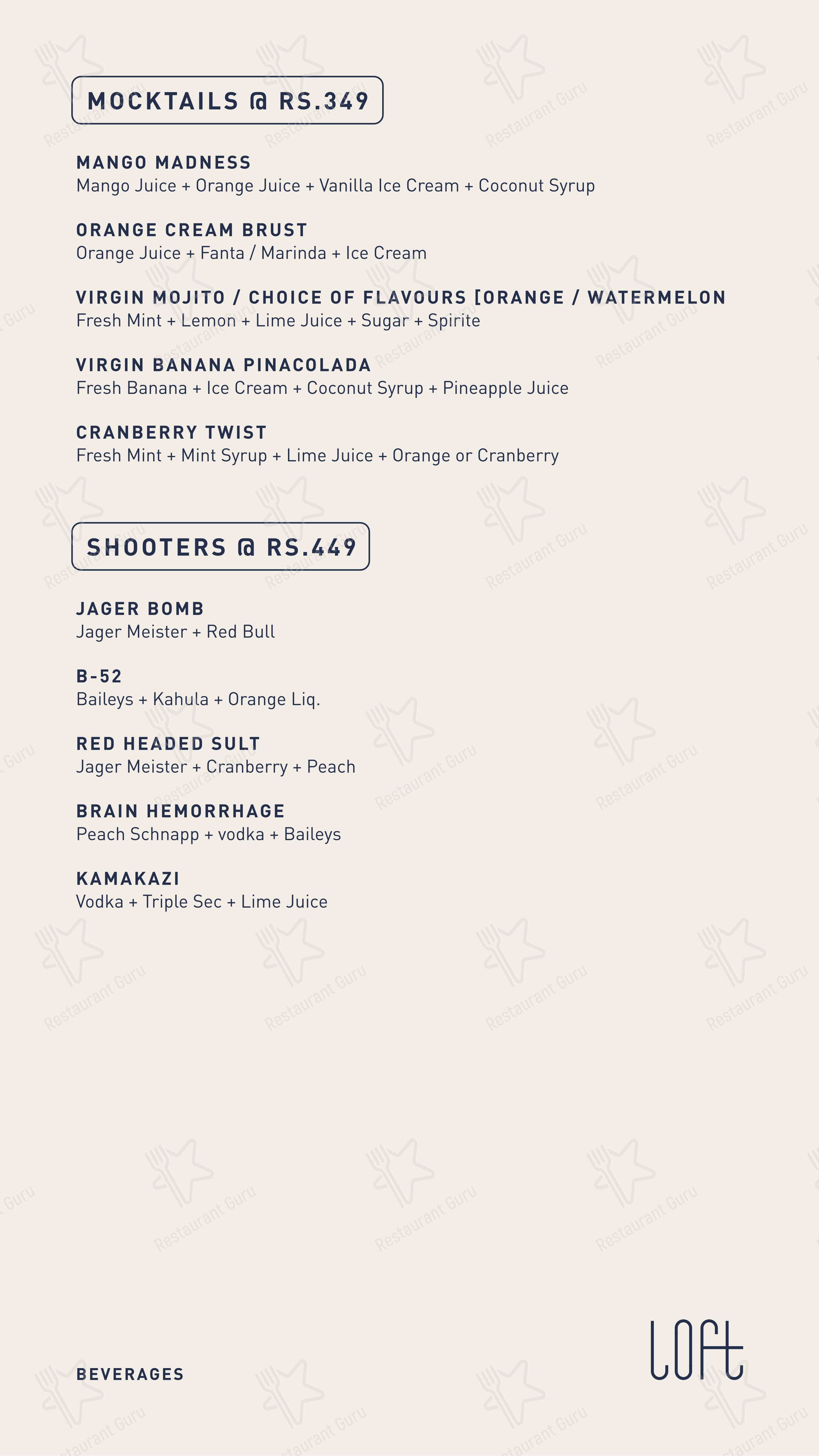 Loft - Rooftop Lounge in Udaipur - Menu