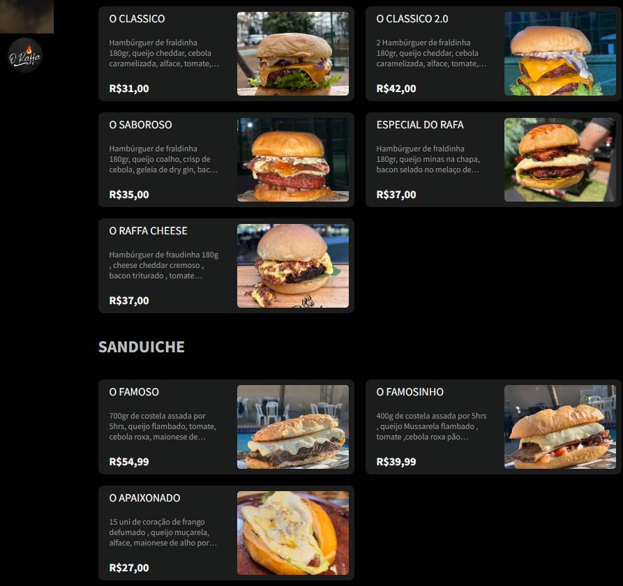 O Raffa cardápio