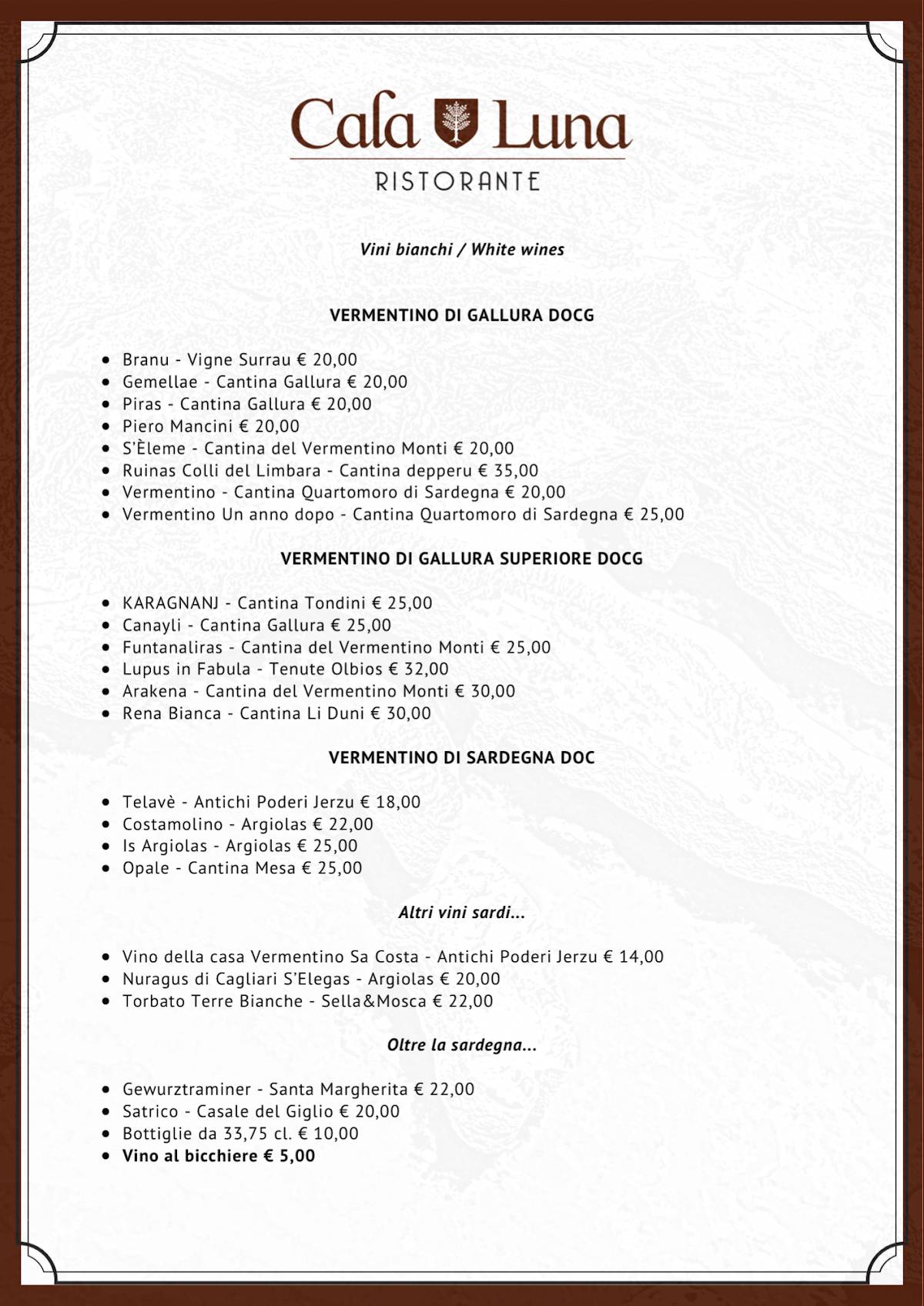 Menu di Cala Luna Ristorante Roma 