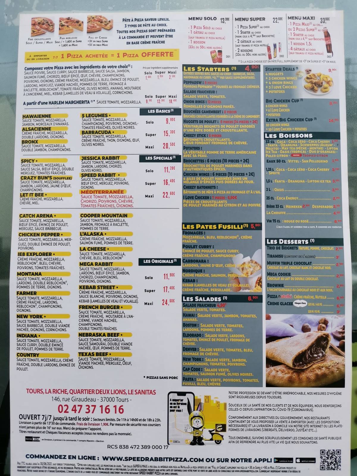 Menu de Speed Rabbit Pizza Tours