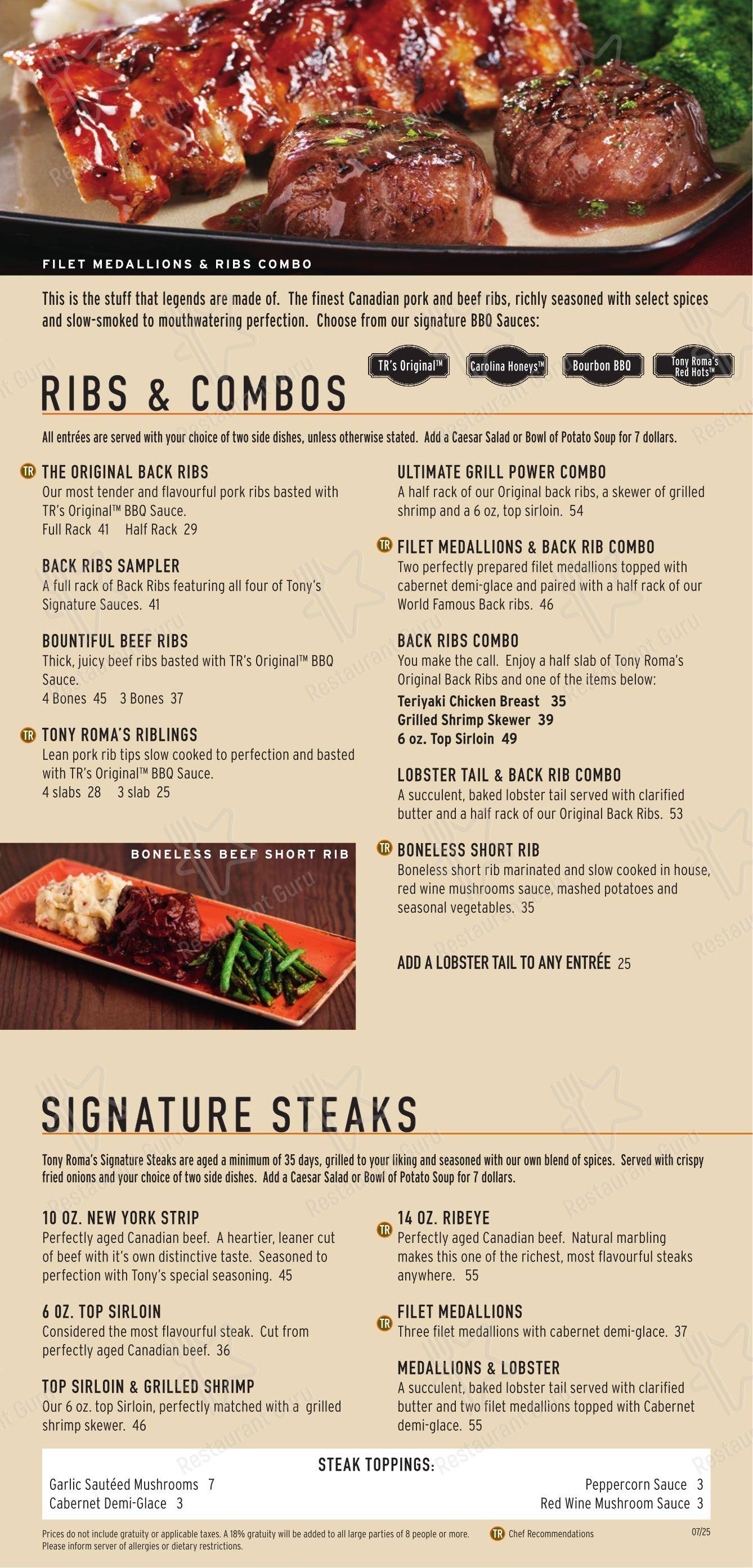 Menu pour Tony Roma's bbq