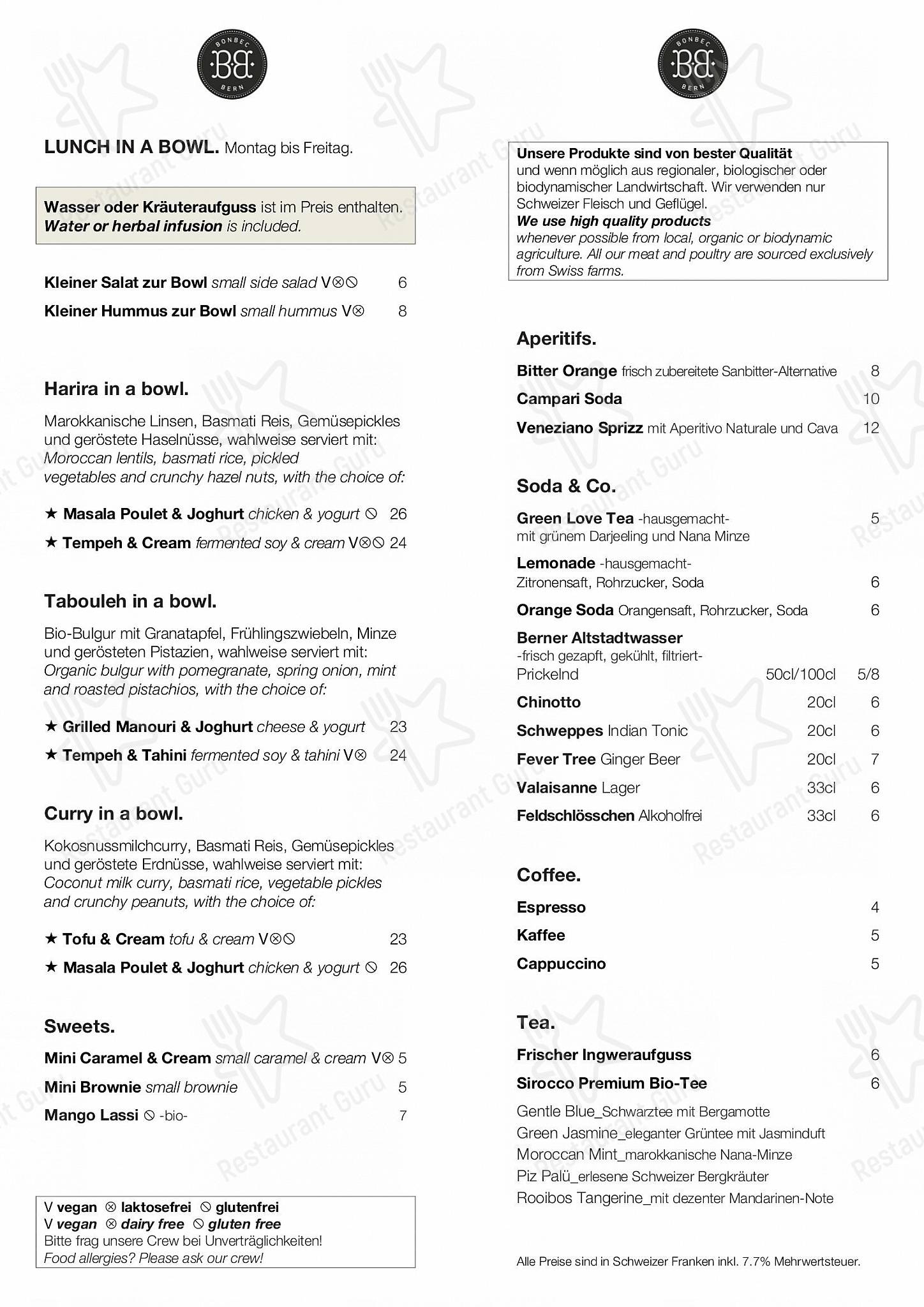 Lunch Menu per Bonbec ristorante