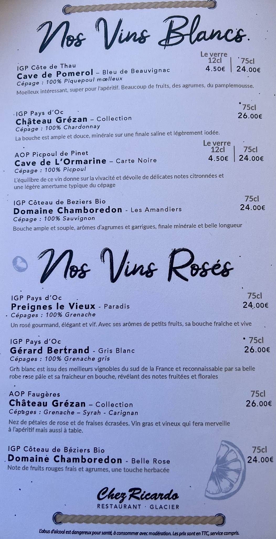 Menu de Chez Ricardo