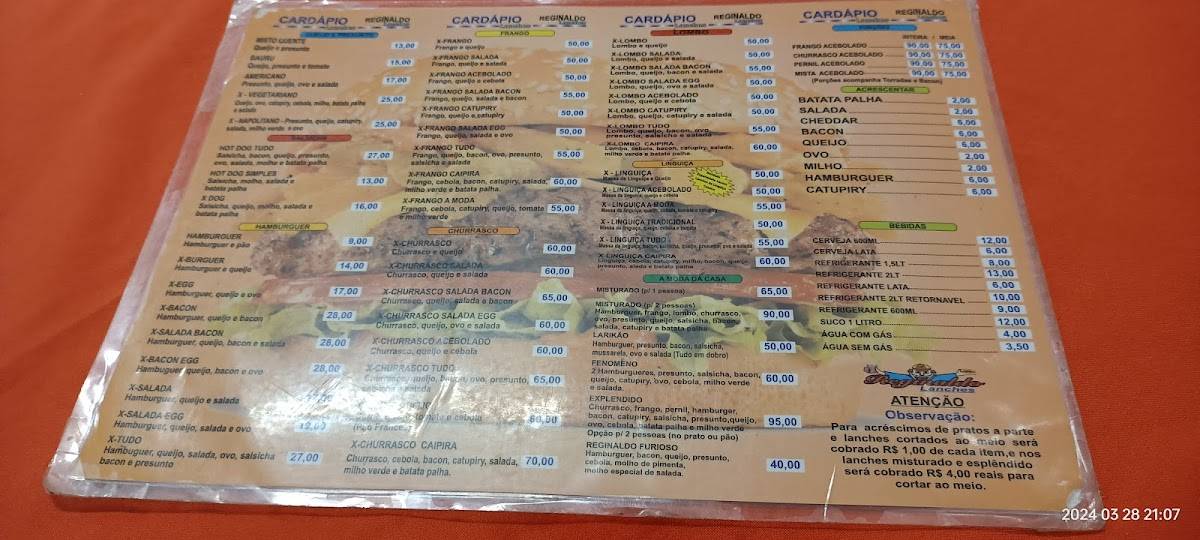 Reginaldo Lanches cardápio
