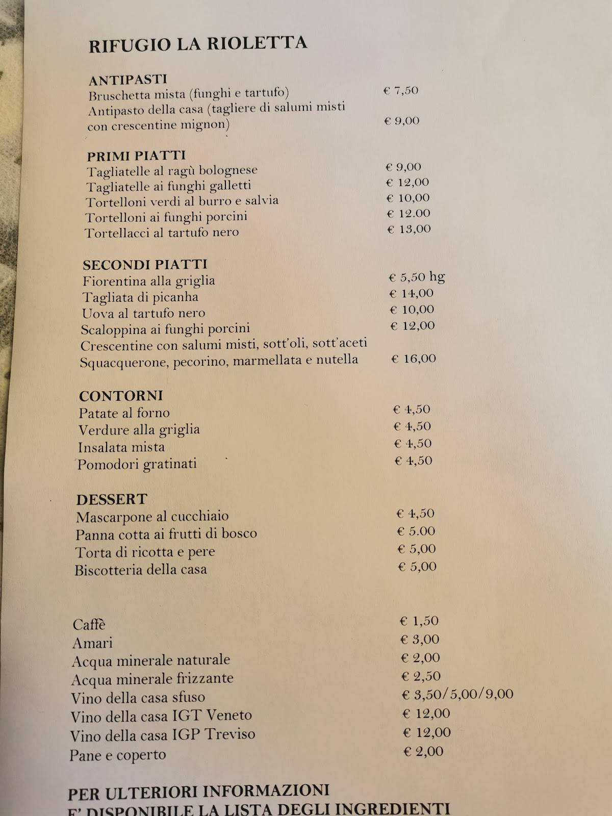 Menu di Ristorante Rifugio Lago Rioletta 