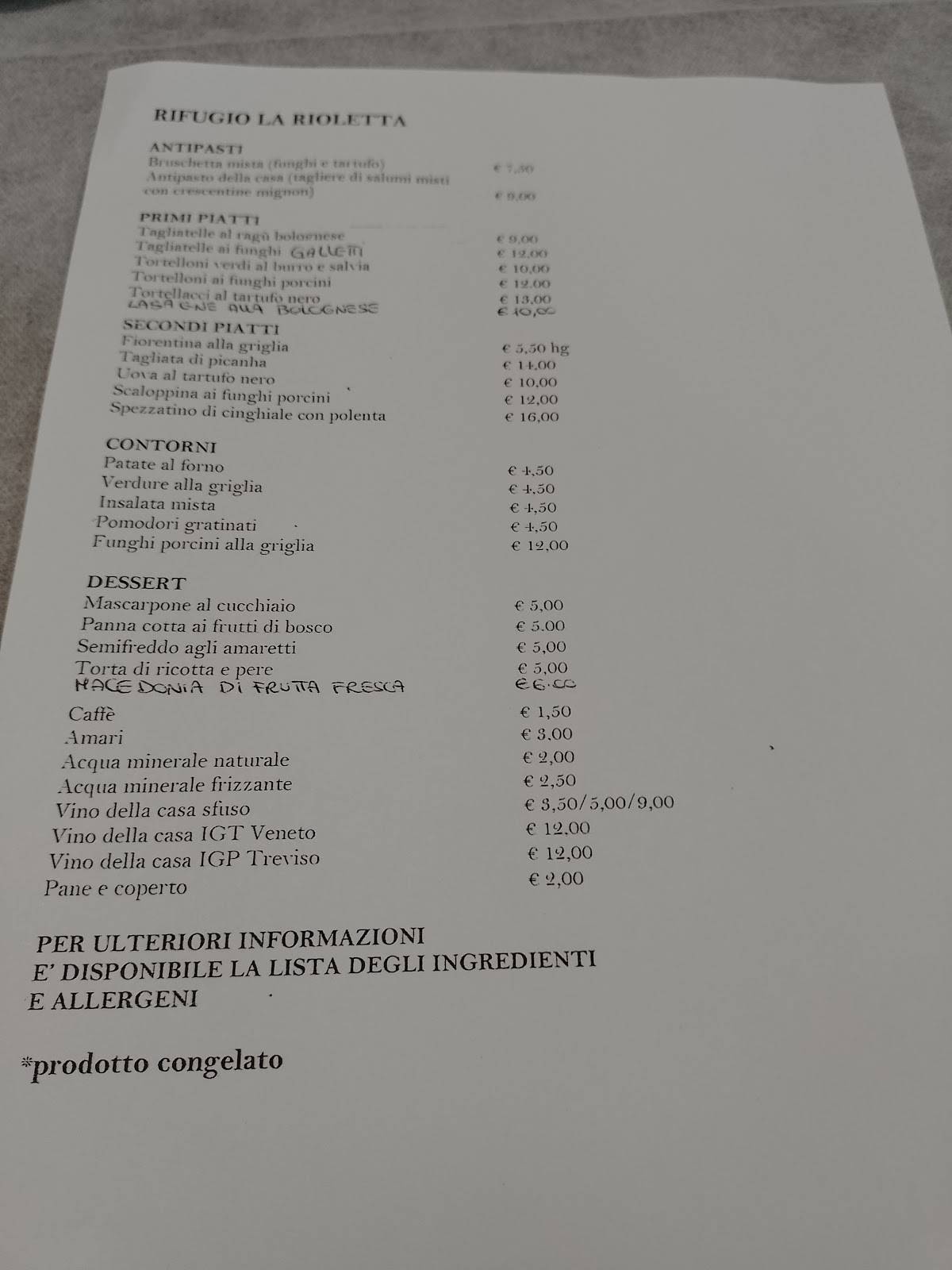 Menu di Ristorante Rifugio Lago Rioletta 