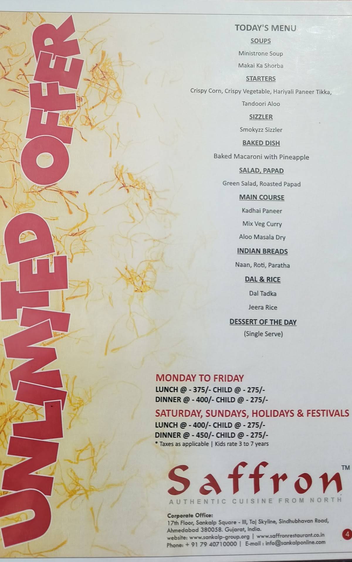 Saffron Restaurant menu