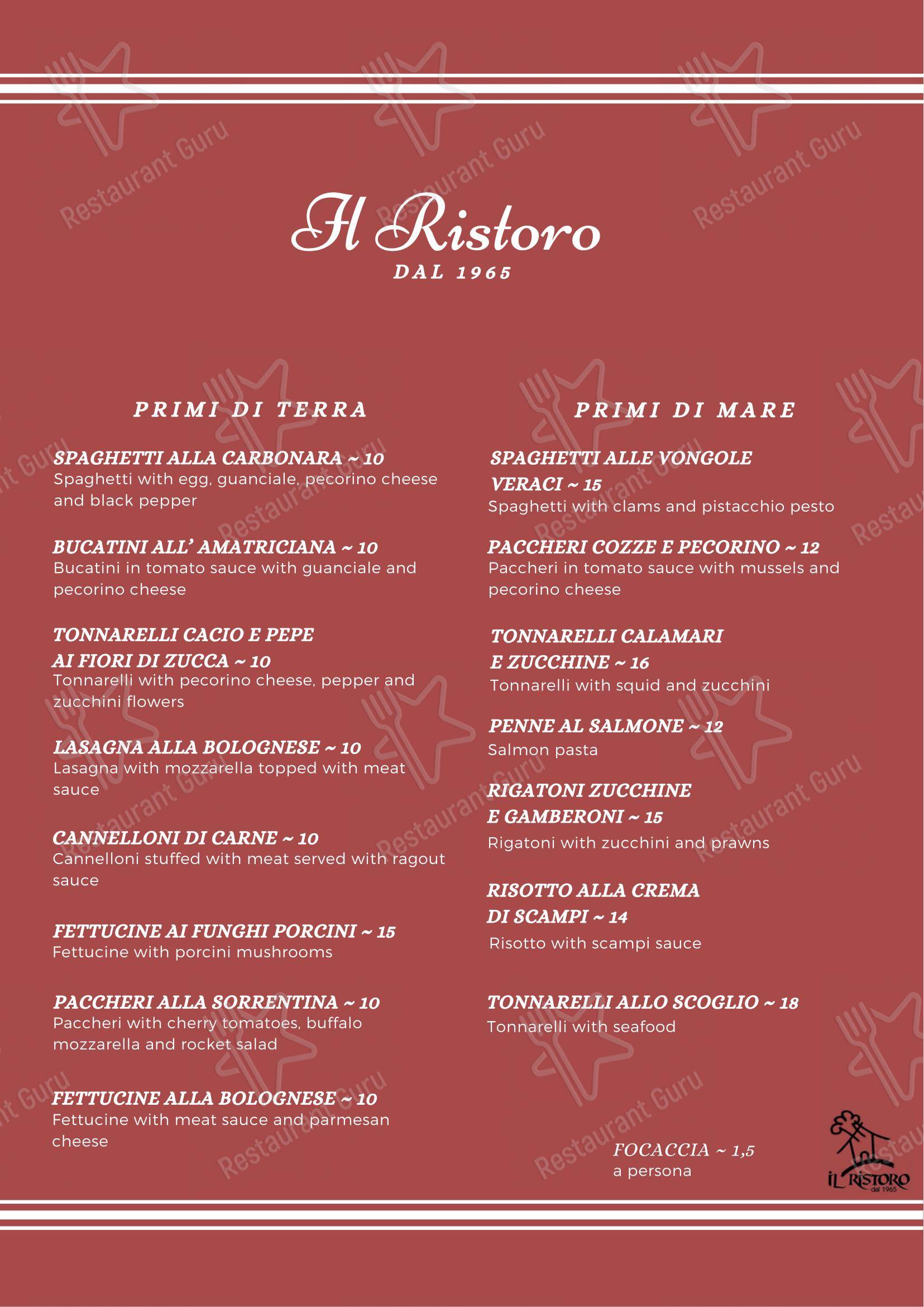 Menu pour Il Ristoro dans Rome