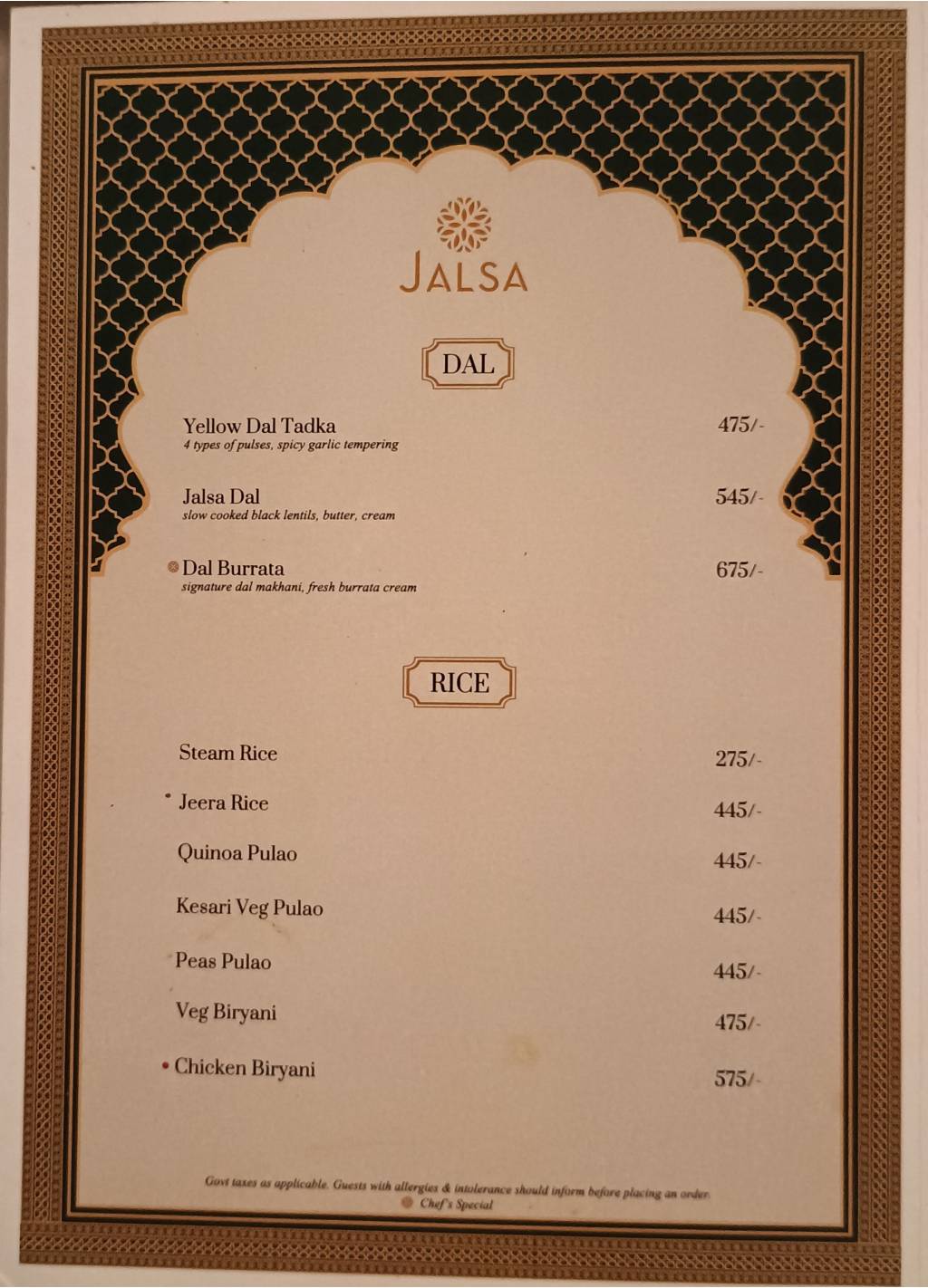 Jalsa menu