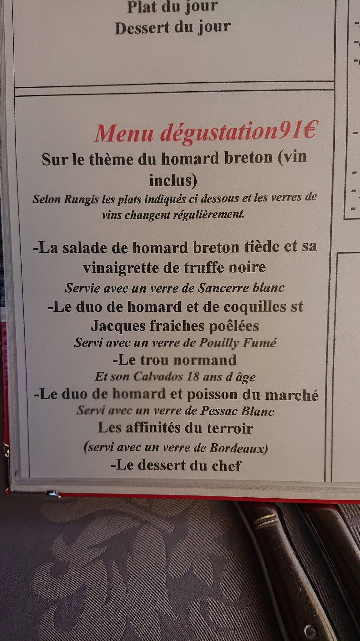 Menu de Le Rohan