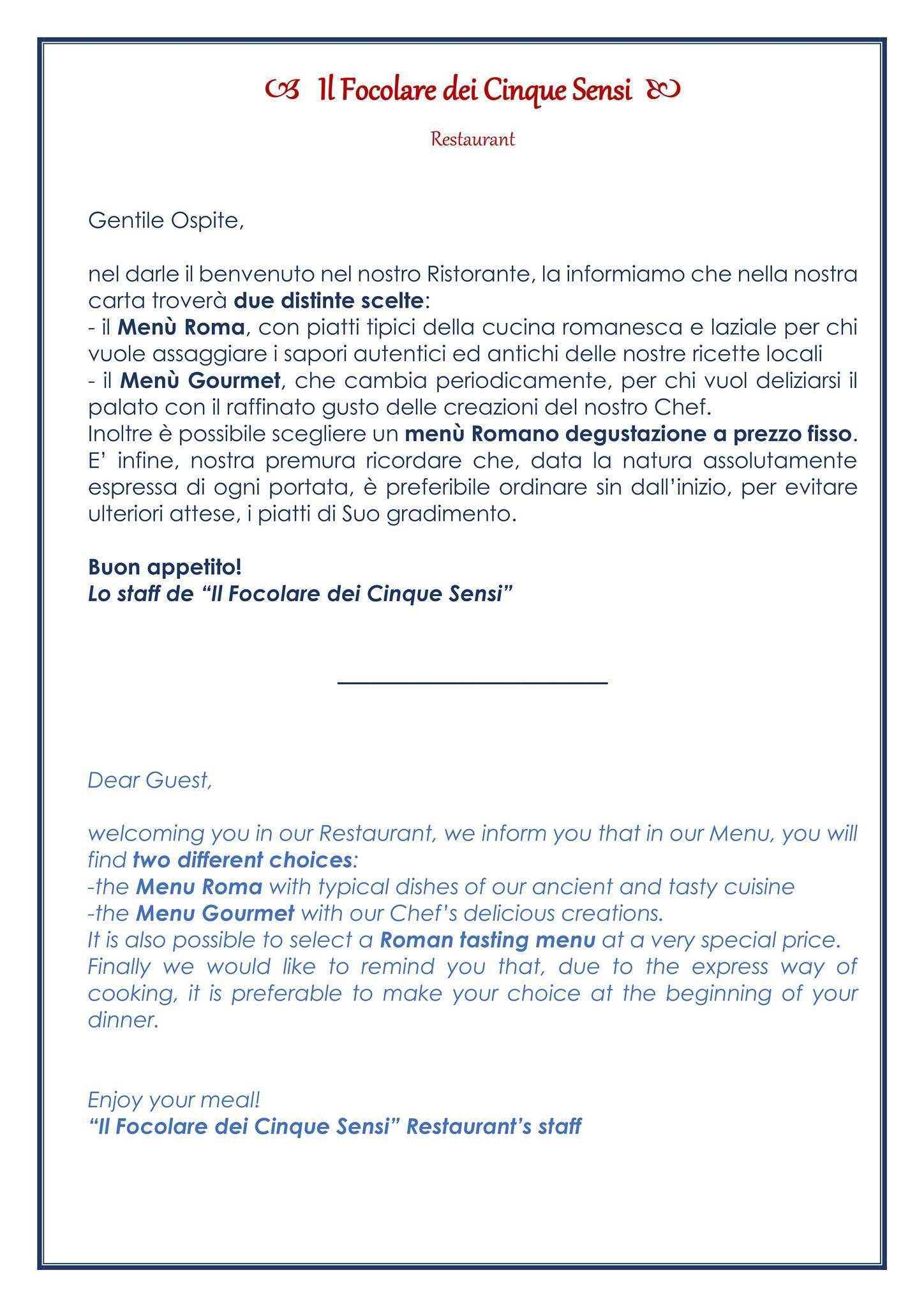 Menu di Il Focolare Dei Cinque Sensi 