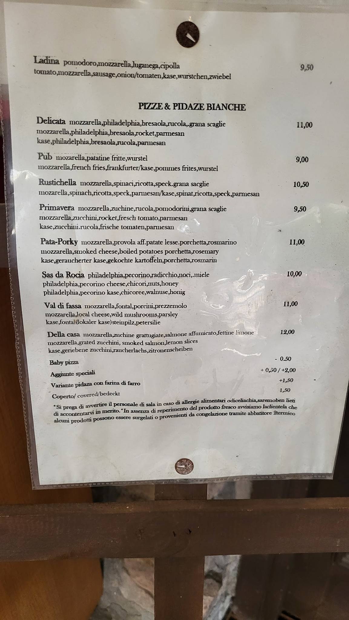 Menu di Pizzeria Ristorante Sas da Rocia 